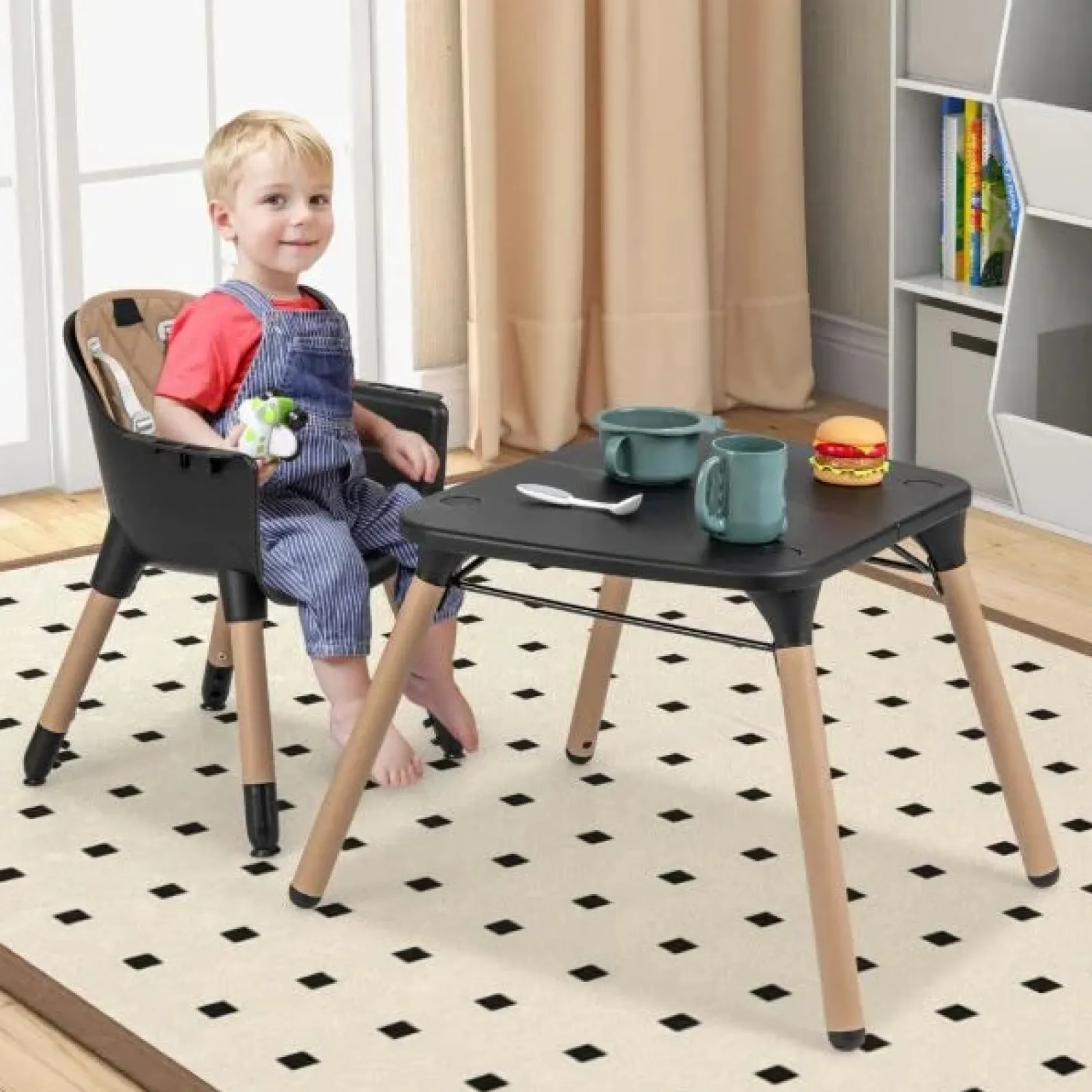 Little Helper High Chairs (wooden) | High Chairs (plastic) | 5-In-1 Wooden Baby High Chair & Childrens Table & Chair | 5 Point Harness | Black & Beige | 6m - 3 Years