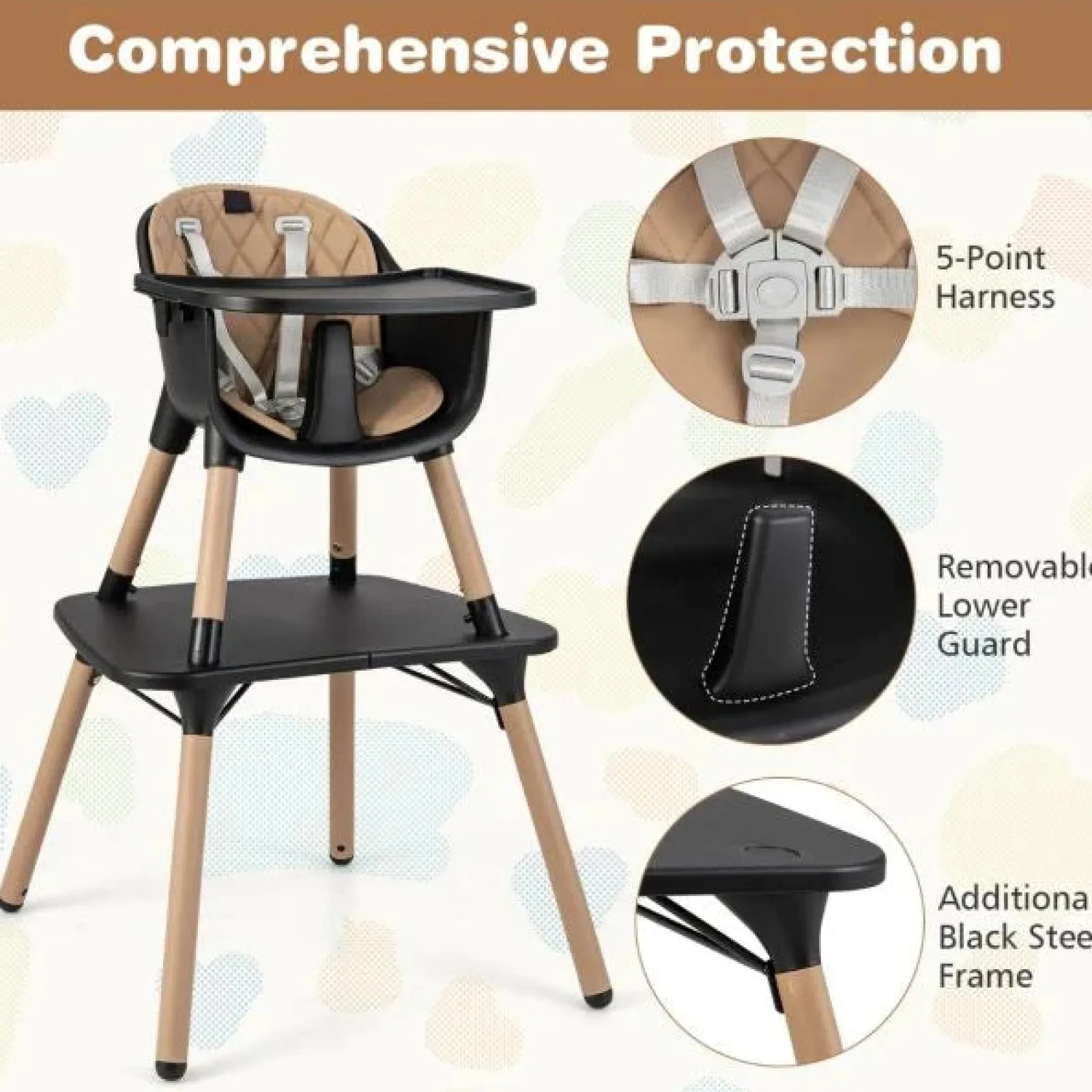 Little Helper High Chairs (wooden) | High Chairs (plastic) | 5-In-1 Wooden Baby High Chair & Childrens Table & Chair | 5 Point Harness | Black & Beige | 6m - 3 Years