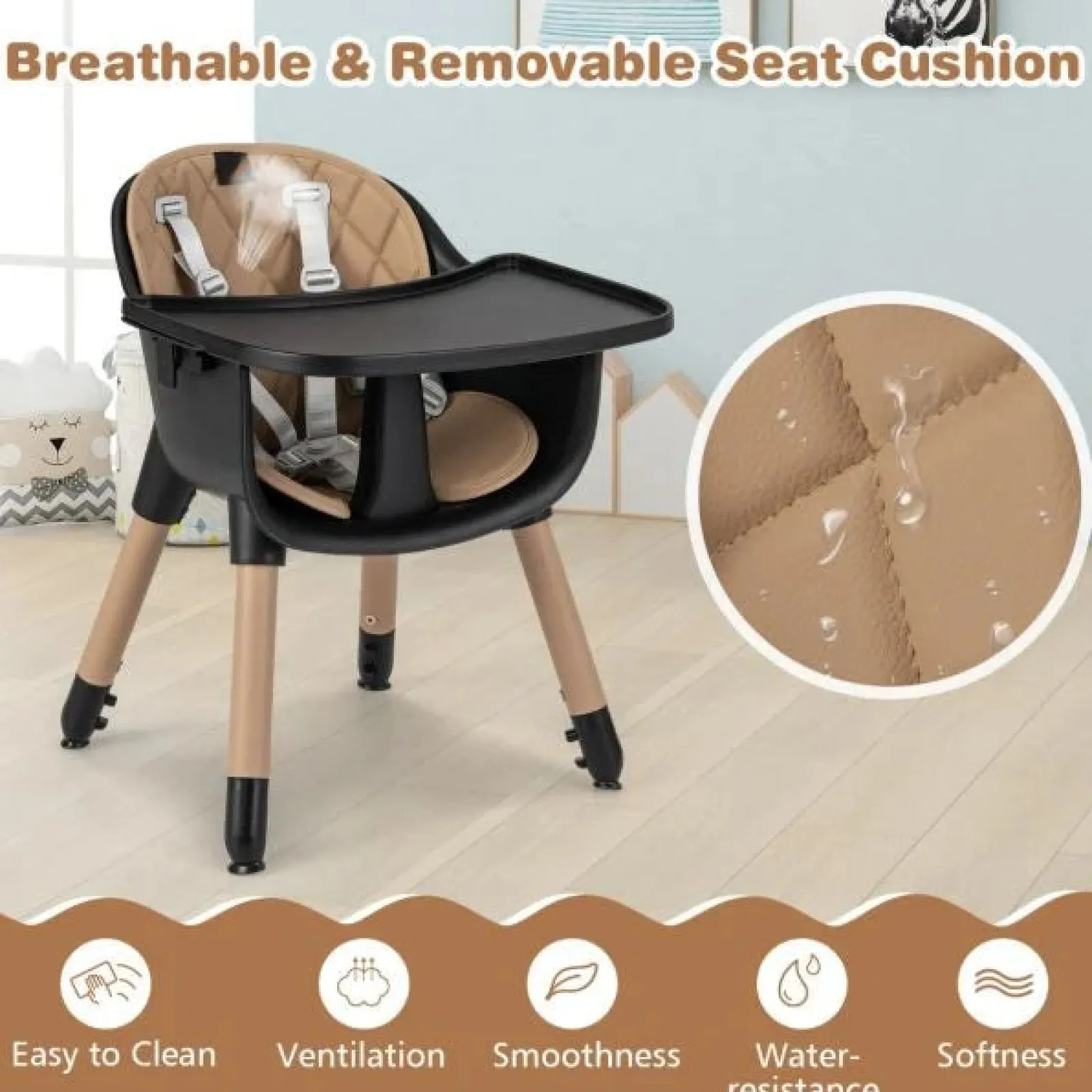 Little Helper High Chairs (wooden) | High Chairs (plastic) | 5-In-1 Wooden Baby High Chair & Childrens Table & Chair | 5 Point Harness | Black & Beige | 6m - 3 Years