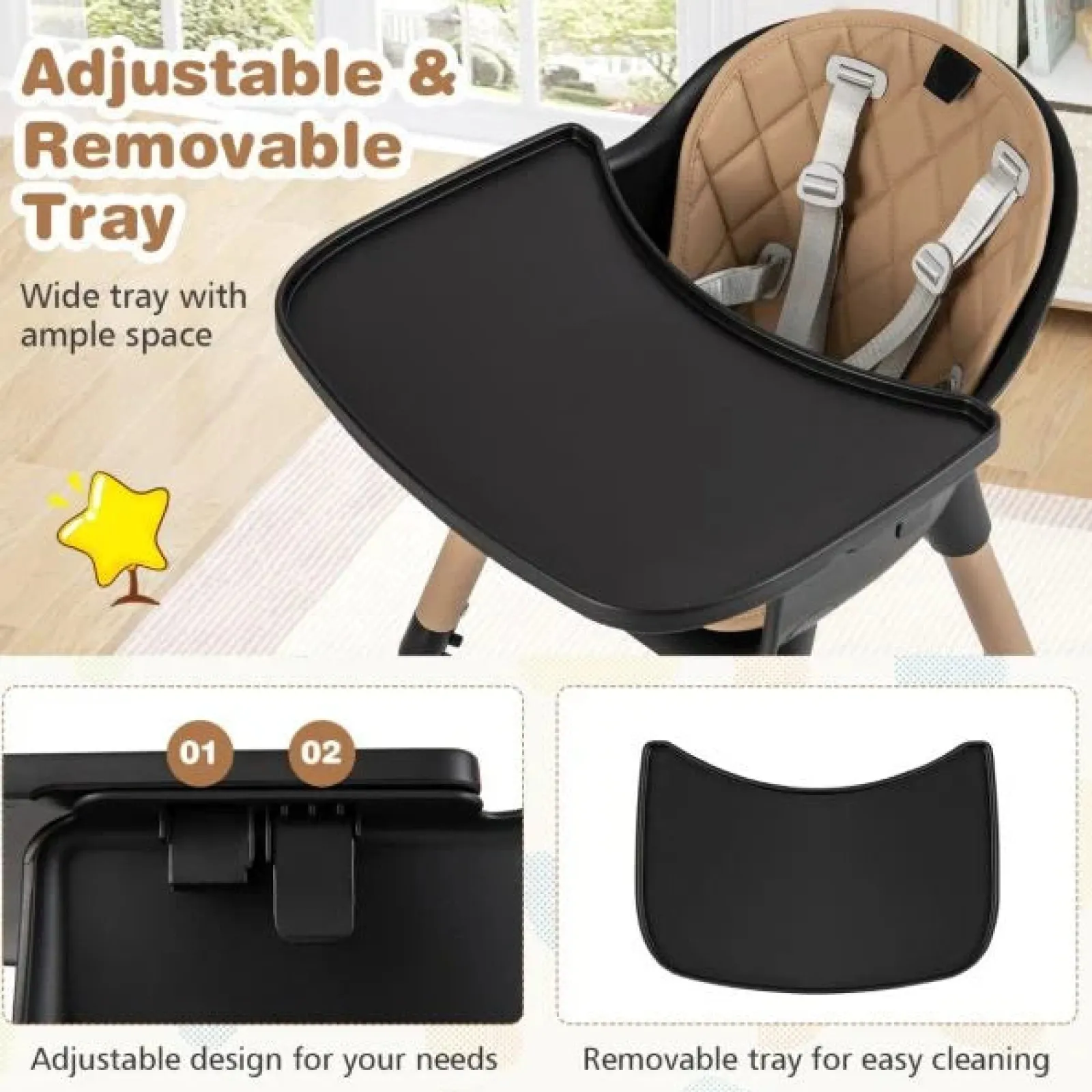 Little Helper High Chairs (wooden) | High Chairs (plastic) | 5-In-1 Wooden Baby High Chair & Childrens Table & Chair | 5 Point Harness | Black & Beige | 6m - 3 Years