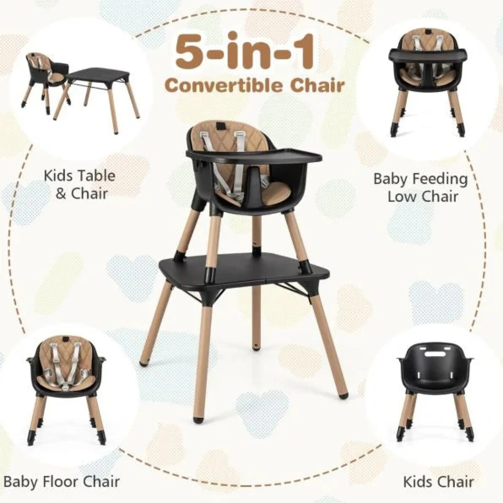 Little Helper High Chairs (wooden) | High Chairs (plastic) | 5-In-1 Wooden Baby High Chair & Childrens Table & Chair | 5 Point Harness | Black & Beige | 6m - 3 Years