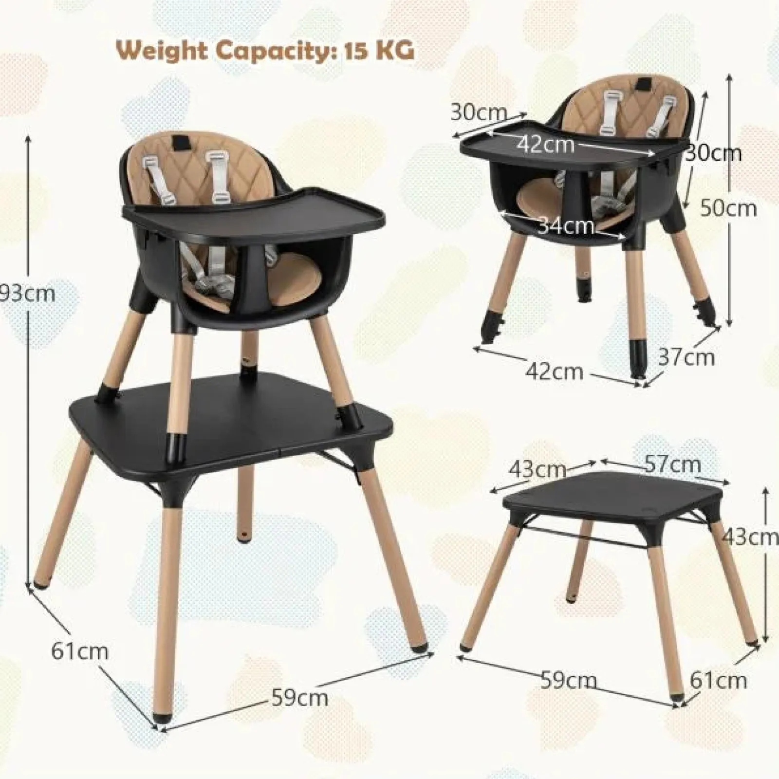 Little Helper High Chairs (wooden) | High Chairs (plastic) | 5-In-1 Wooden Baby High Chair & Childrens Table & Chair | 5 Point Harness | Black & Beige | 6m - 3 Years