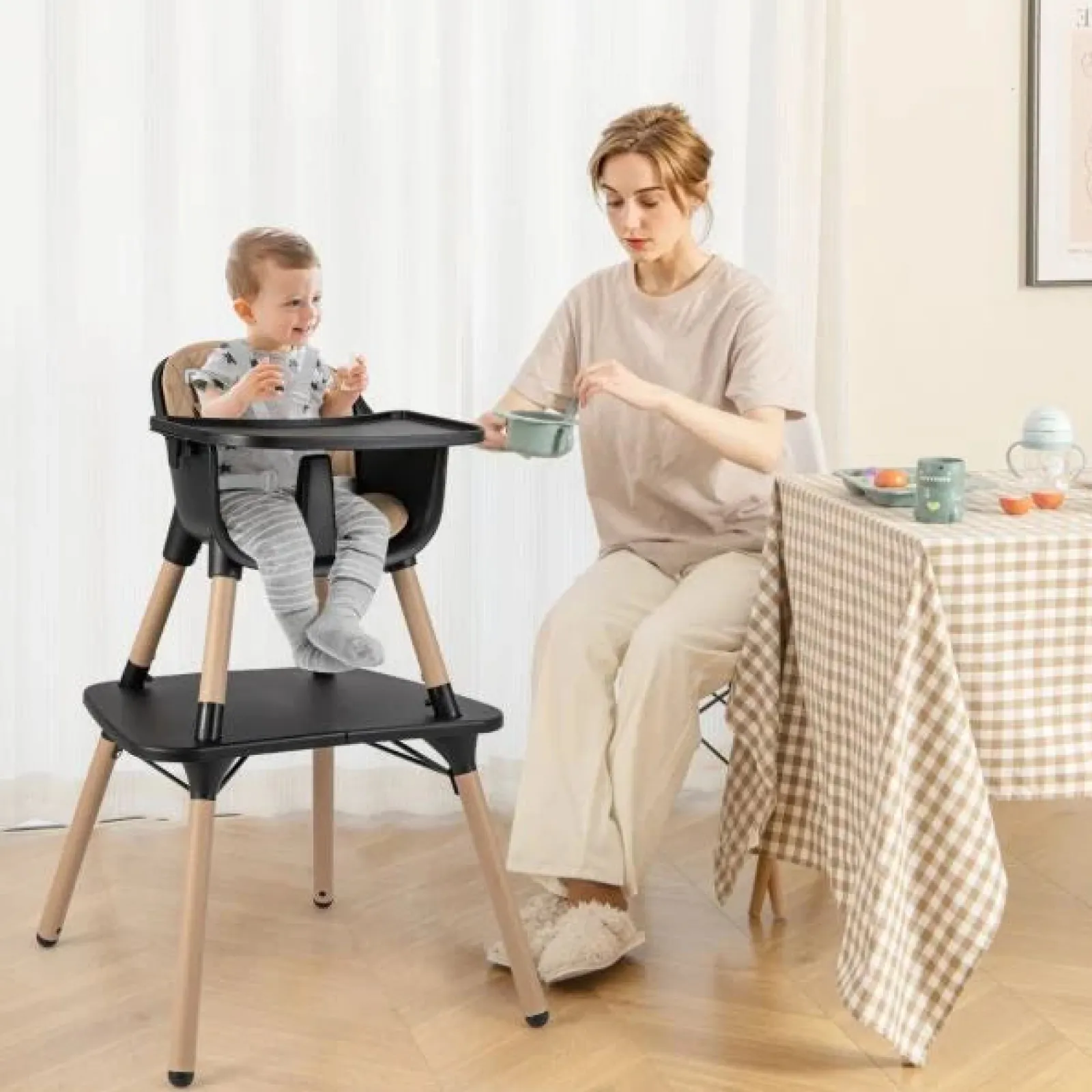 Little Helper High Chairs (wooden) | High Chairs (plastic) | 5-In-1 Wooden Baby High Chair & Childrens Table & Chair | 5 Point Harness | Black & Beige | 6m - 3 Years