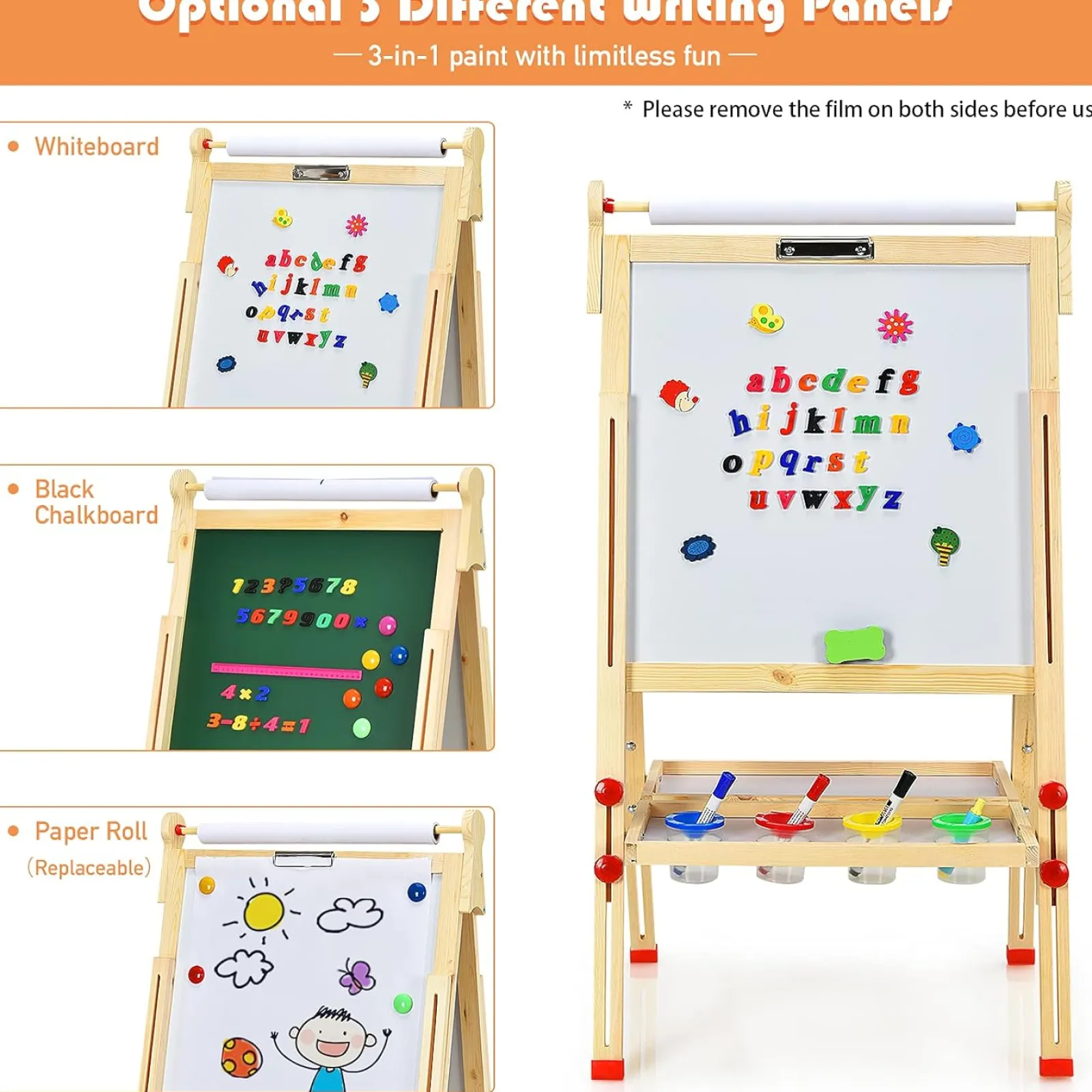 Little Helper Easels & Accessories | Kids Easels & Accessories | 3-in-1 Wooden Height Adjustable Kids Art Easel | Paper Roller | Blackboard & Magnetic Whiteboard | 3 Years+