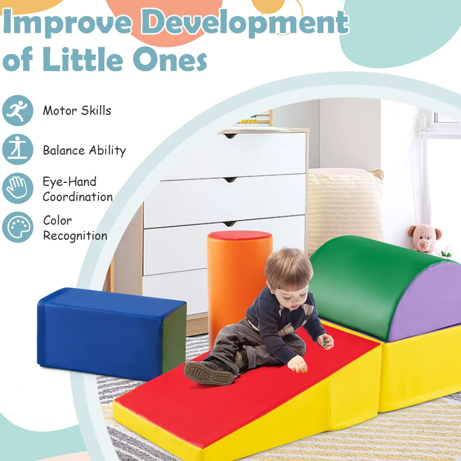 Little Helper Kids Climbing Frames & Activity Toys | Montessori Toys & Products | Indoor Soft Play Equipment | Montessori 5 Piece Foam Play Set | Soft Play Slide | Multi coloured 9m -3 years