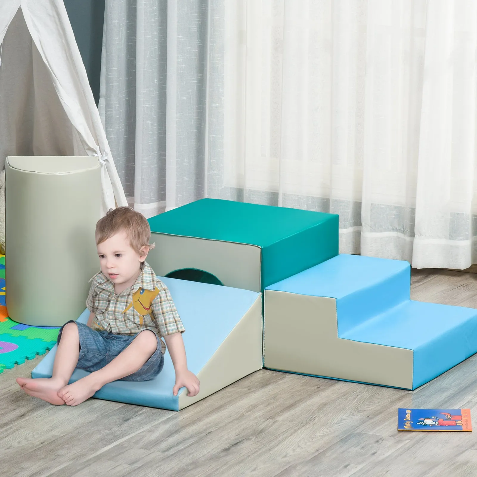 Little Helper Swing & Slide Sets & Garden Play & Trampolines | Kids Climbing Frames & Activity Toys | Indoor Soft Play Equipment | Montessori 4 Piece Foam Play Set | Soft Play Slide and Tunnel | 1-3 years