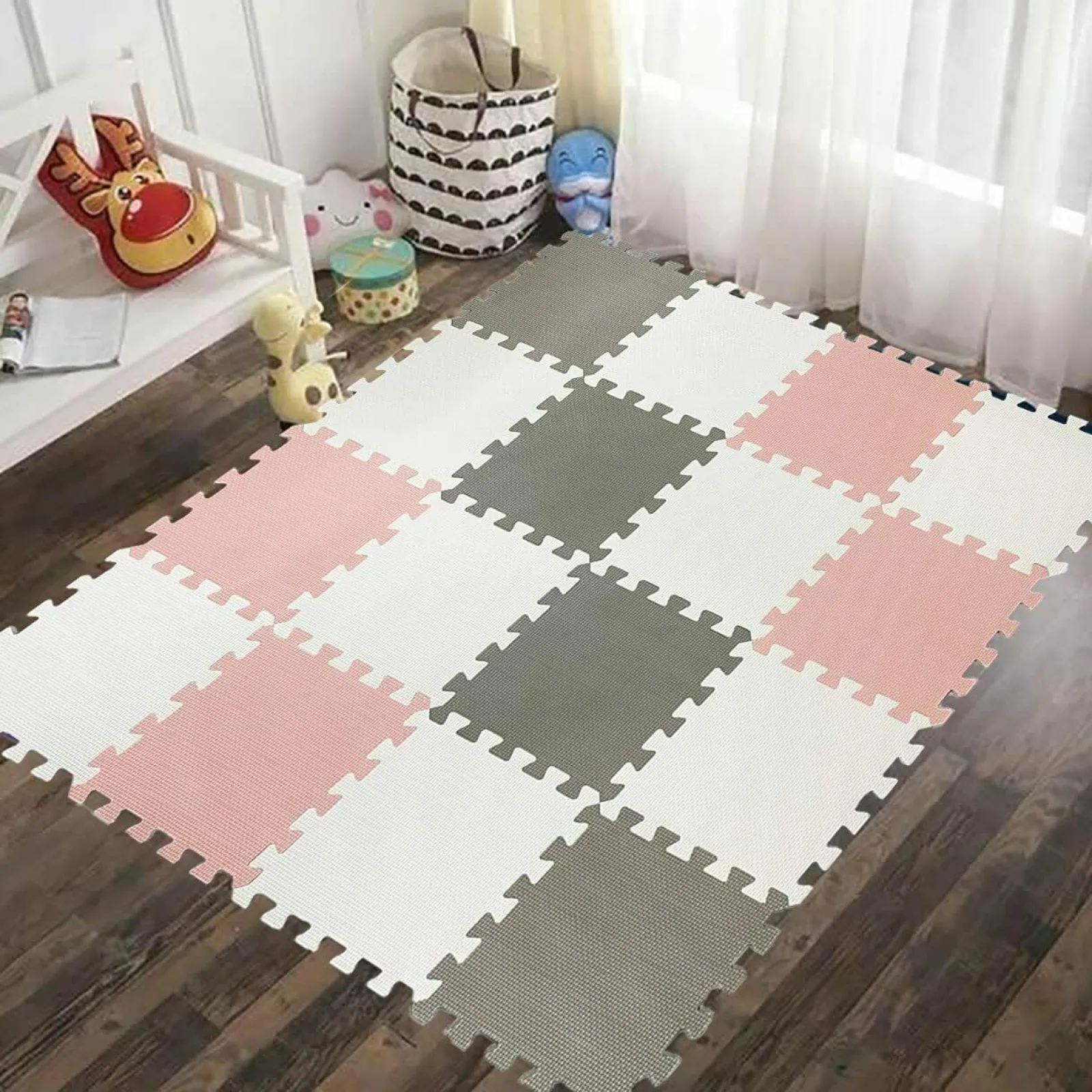 Little Helper Montessori Toys & Products | Baby Playpens | Interlocking Montessori 24pc Thick Foam Play Mats | Jigsaw Mats for Baby Playpens and Playrooms | Grey, Pink & White