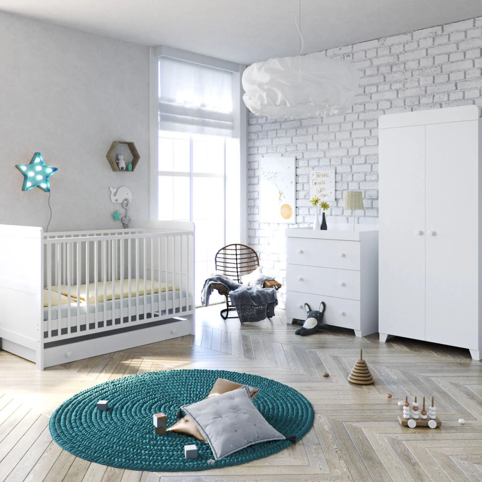 Little Helper Nursery Furniture Sets | Italian-Inspired 5 piece White Wooden Toddler Room Set | Cot Bed | Deluxe Mattress | Wardrobe | Chest of Drawers | Changing Station | Crisp White