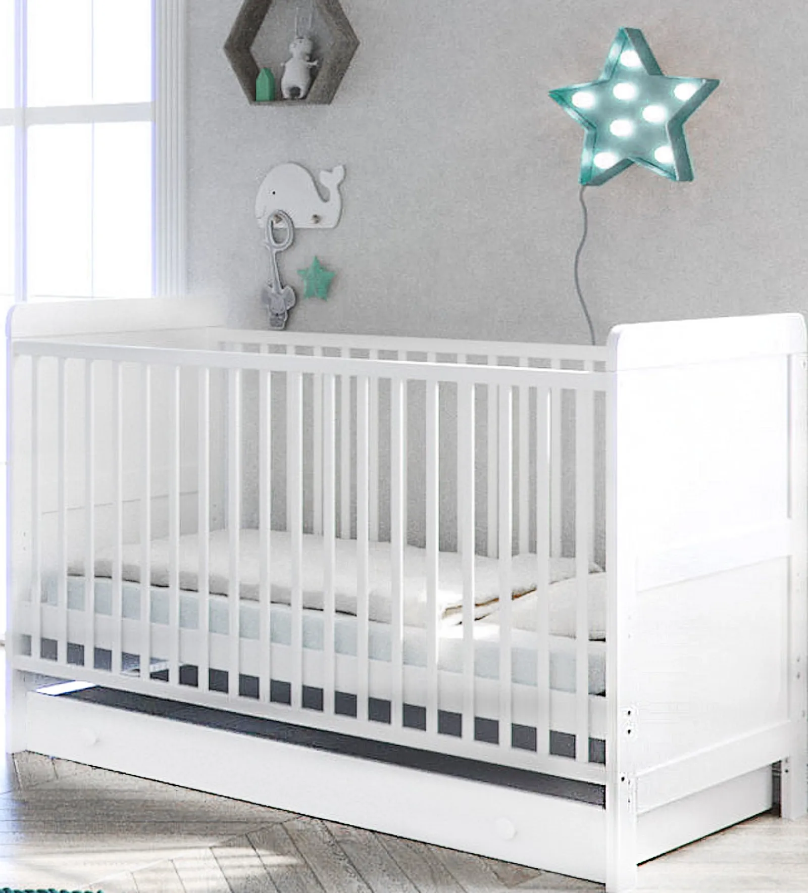 Little Helper Nursery Furniture Sets | Italian-Inspired 5 piece White Wooden Toddler Room Set | Cot Bed | Deluxe Mattress | Wardrobe | Chest of Drawers | Changing Station | Crisp White