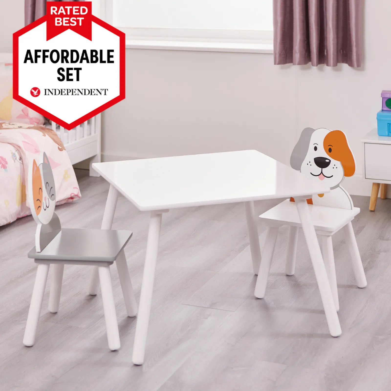 Little Helper Table & Chairs (wooden) | Kids | Children's Wooden Table and Chair Set for 2 | White | Cat & Dog Design