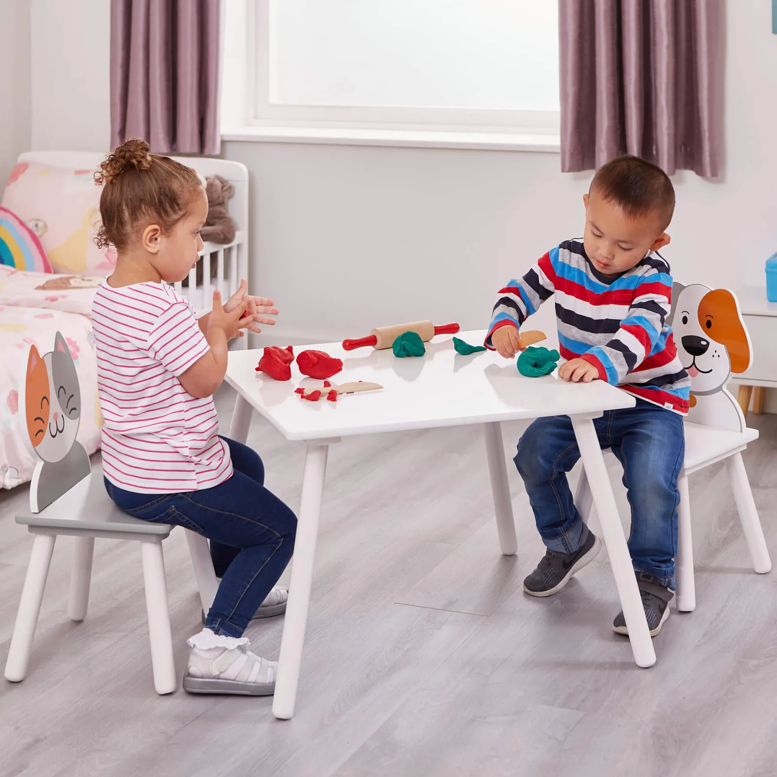 Little Helper Table & Chairs (wooden) | Kids | Children's Wooden Table and Chair Set for 2 | White | Cat & Dog Design