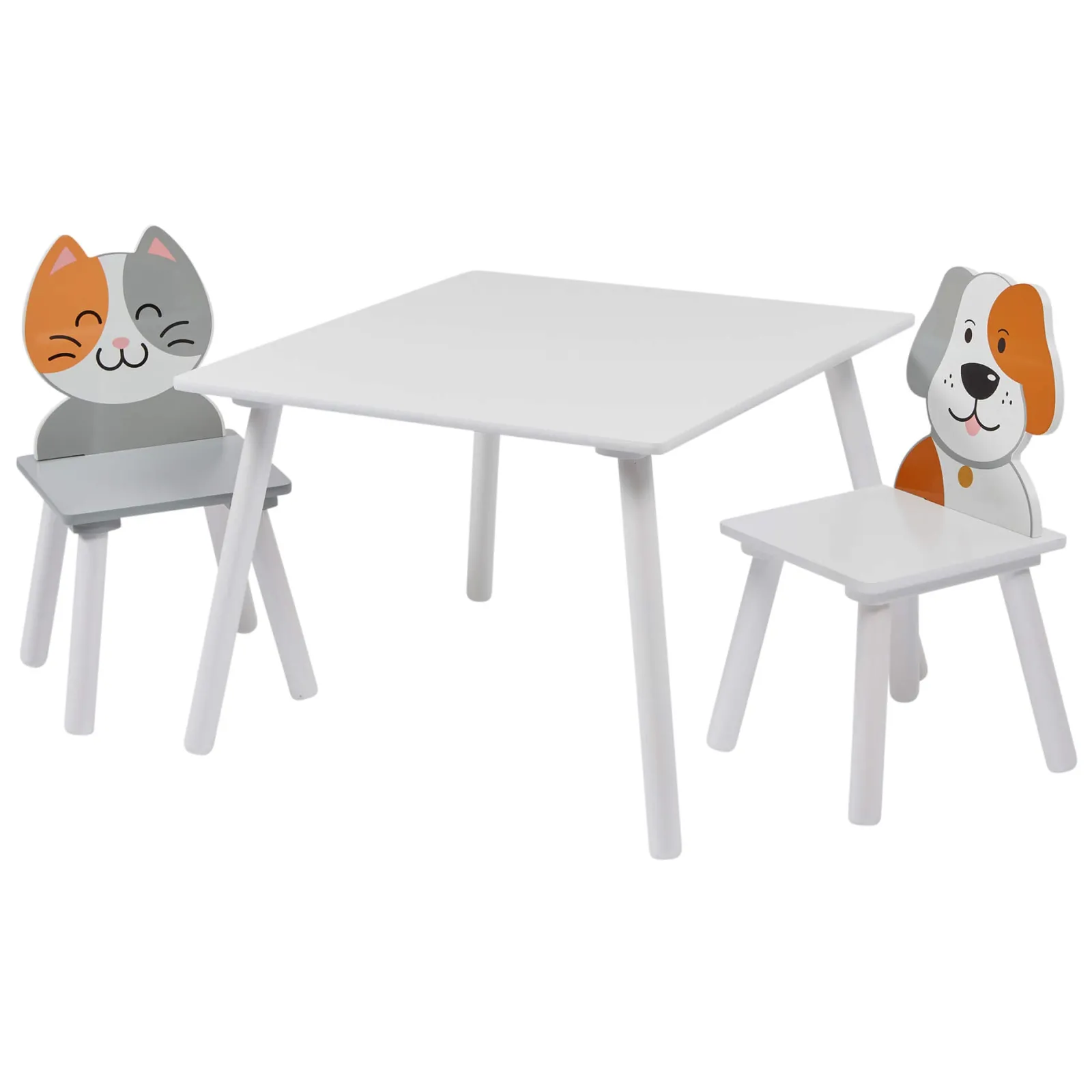 Little Helper Table & Chairs (wooden) | Kids | Children's Wooden Table and Chair Set for 2 | White | Cat & Dog Design