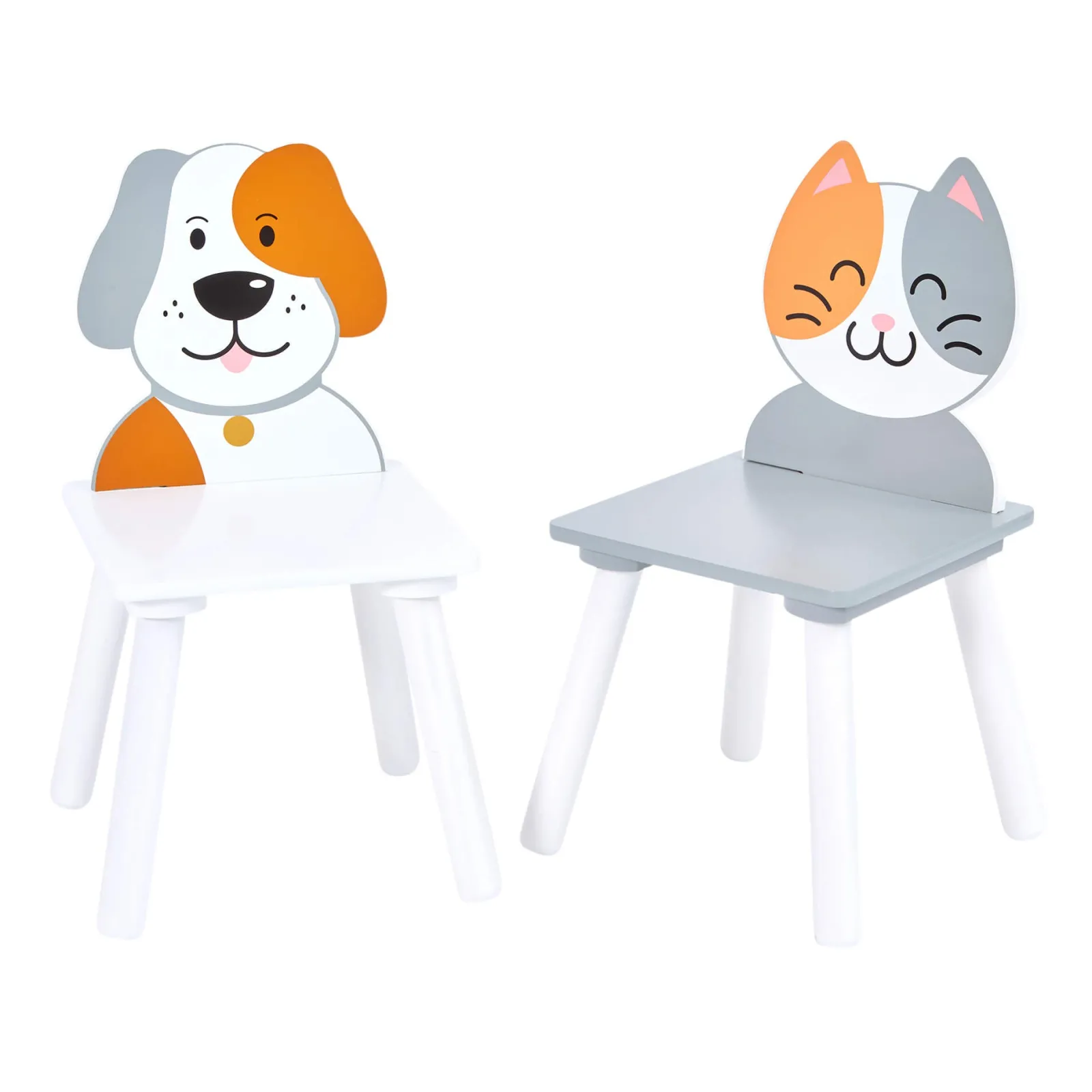 Little Helper Table & Chairs (wooden) | Kids | Children's Wooden Table and Chair Set for 2 | White | Cat & Dog Design