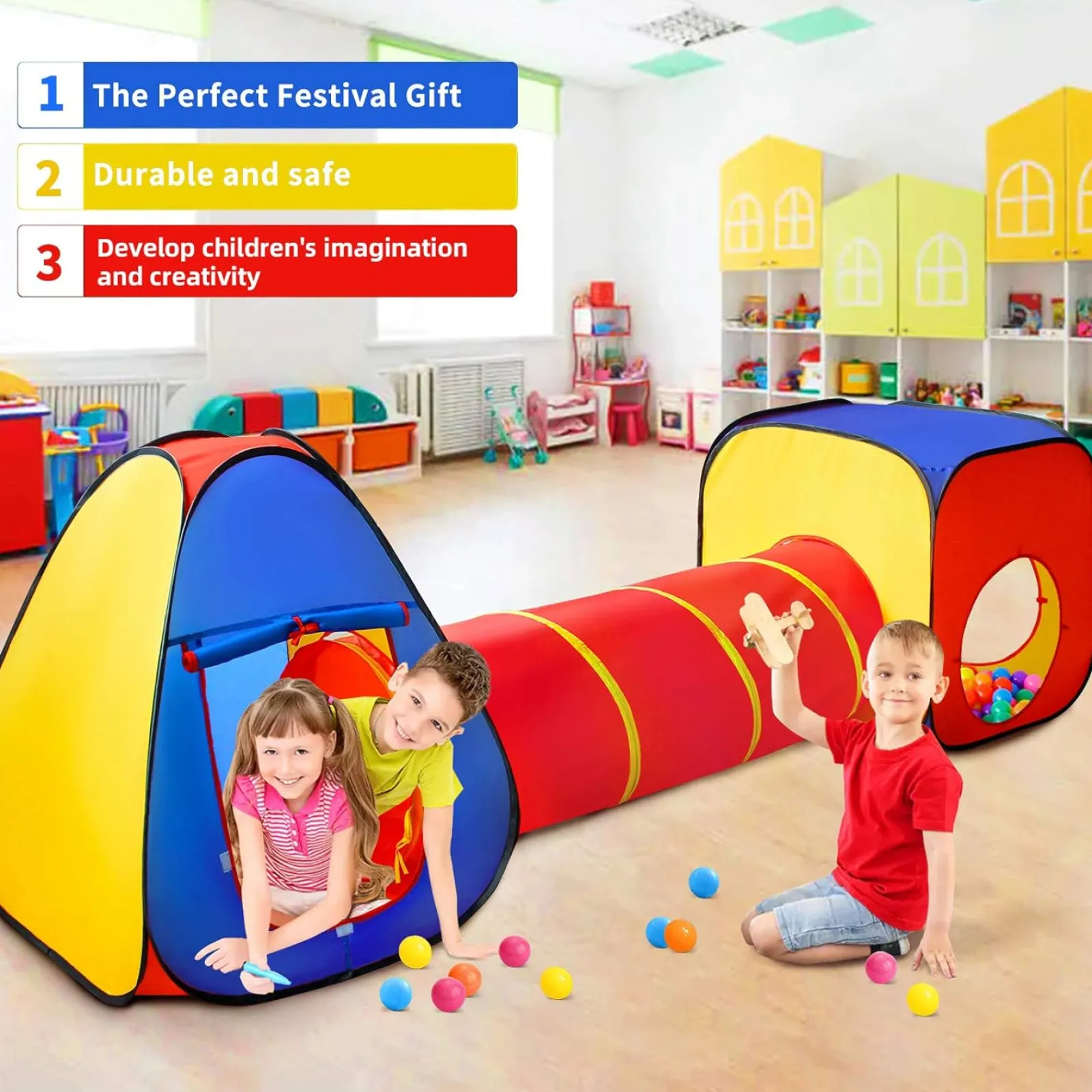 Little Helper Kids Climbing Frames & Activity Toys | Ball Pits & Ball Pools | Kids 3 Part Play Tent with Ball Pit | Play Tunnel & Teepee Tent | Pop Up Playhouse | Den