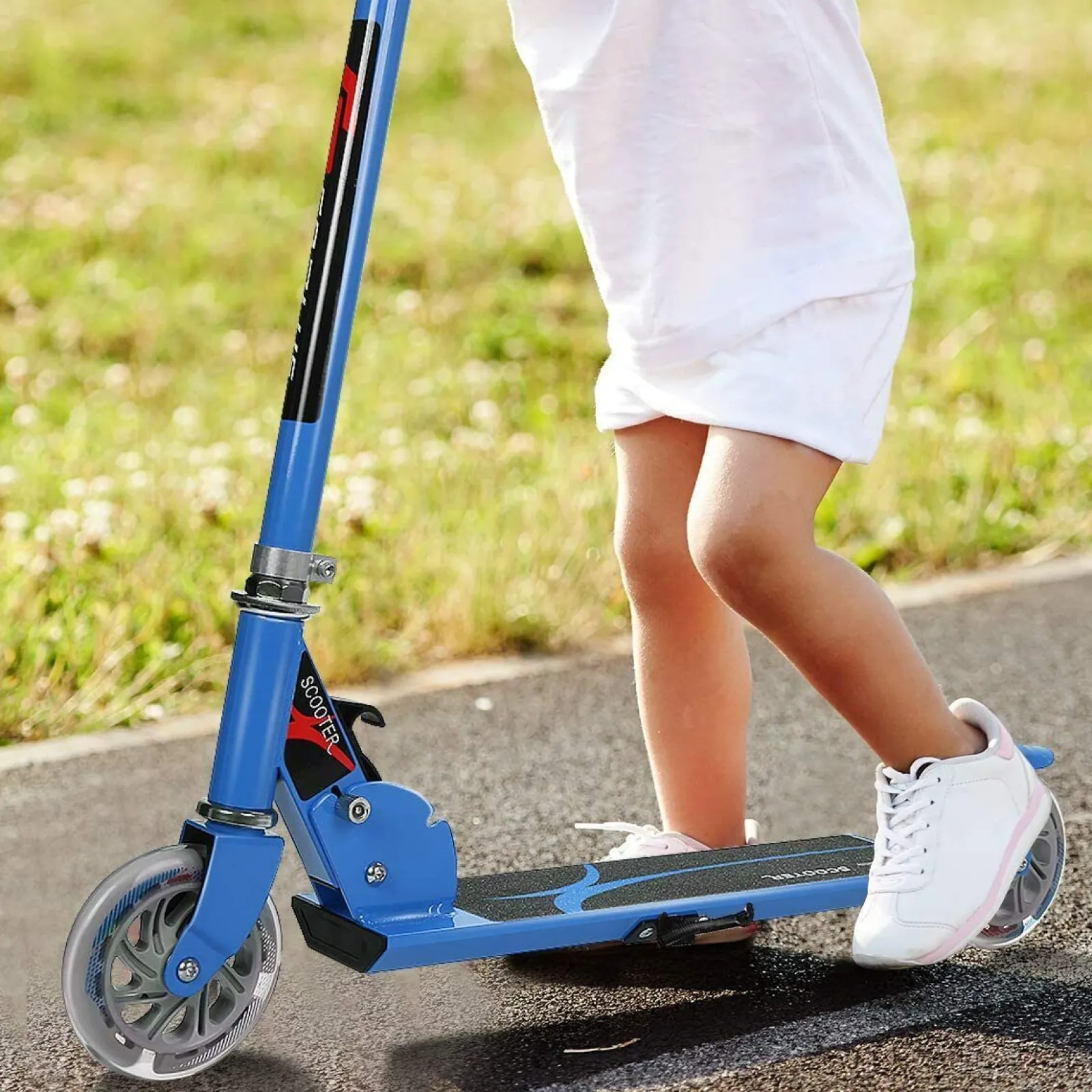 Little Helper Balance Bikes & Kids Scooters & Kids Bikes | Kids Aluminum Folding Stunt Scooter Adjustable T-Bar | Push Kick Light Up 2 Wheels | Blue