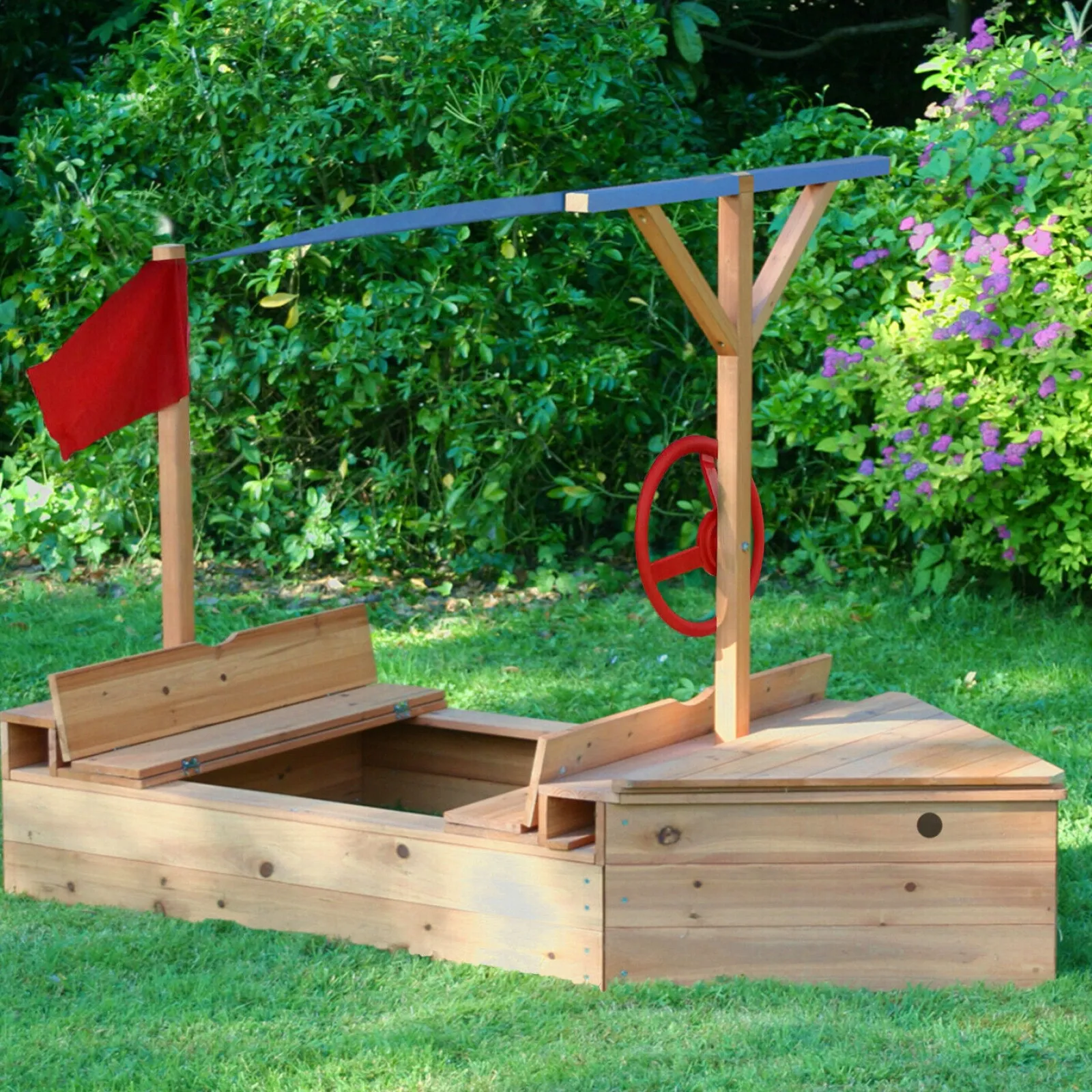 Little Helper Sand & Water Table & Sandpits & Mud Kitchens | Kids Eco Conscious Fully Treated 100% Fir Wood 2-in-1 Pirate Ship Sandpit with Sun Canopy & Storage | 1.65m Long | All ages