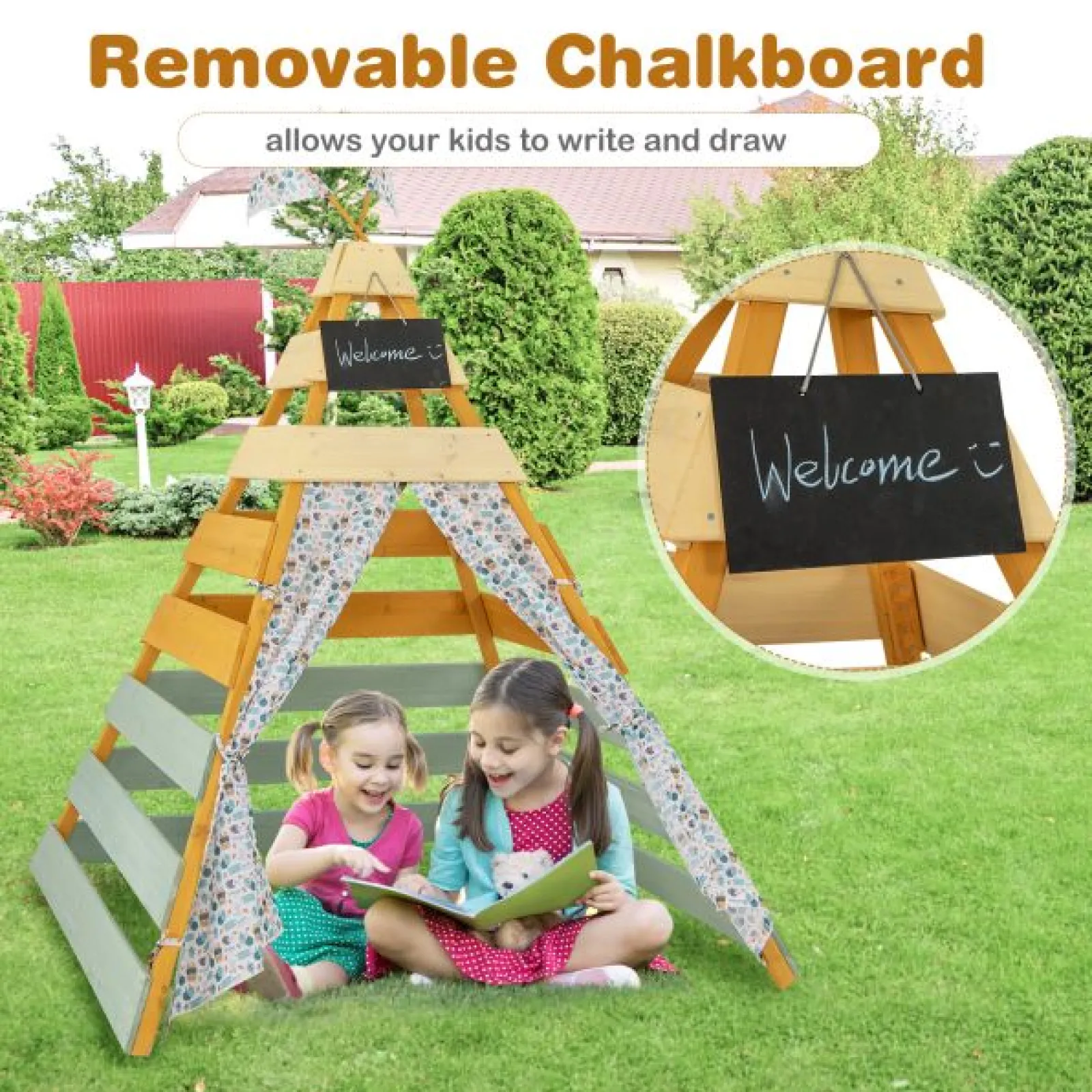 Little Helper Role Play Toys & Pretend Play | Playhouses, Teepees & Dens | Kids Eco Conscious Natural Wooden Montessori Teepee | Playhouse or Den with Curtains | 1.7m High