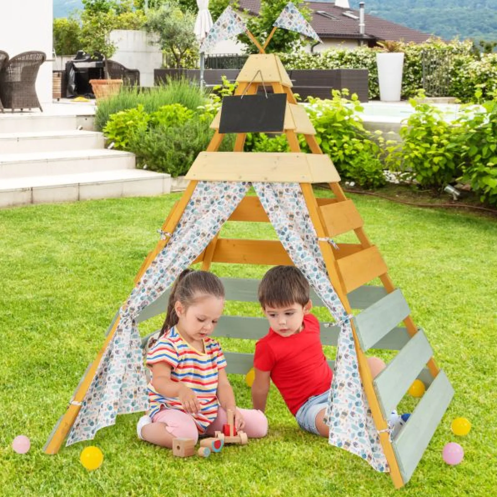 Little Helper Role Play Toys & Pretend Play | Playhouses, Teepees & Dens | Kids Eco Conscious Natural Wooden Montessori Teepee | Playhouse or Den with Curtains | 1.7m High