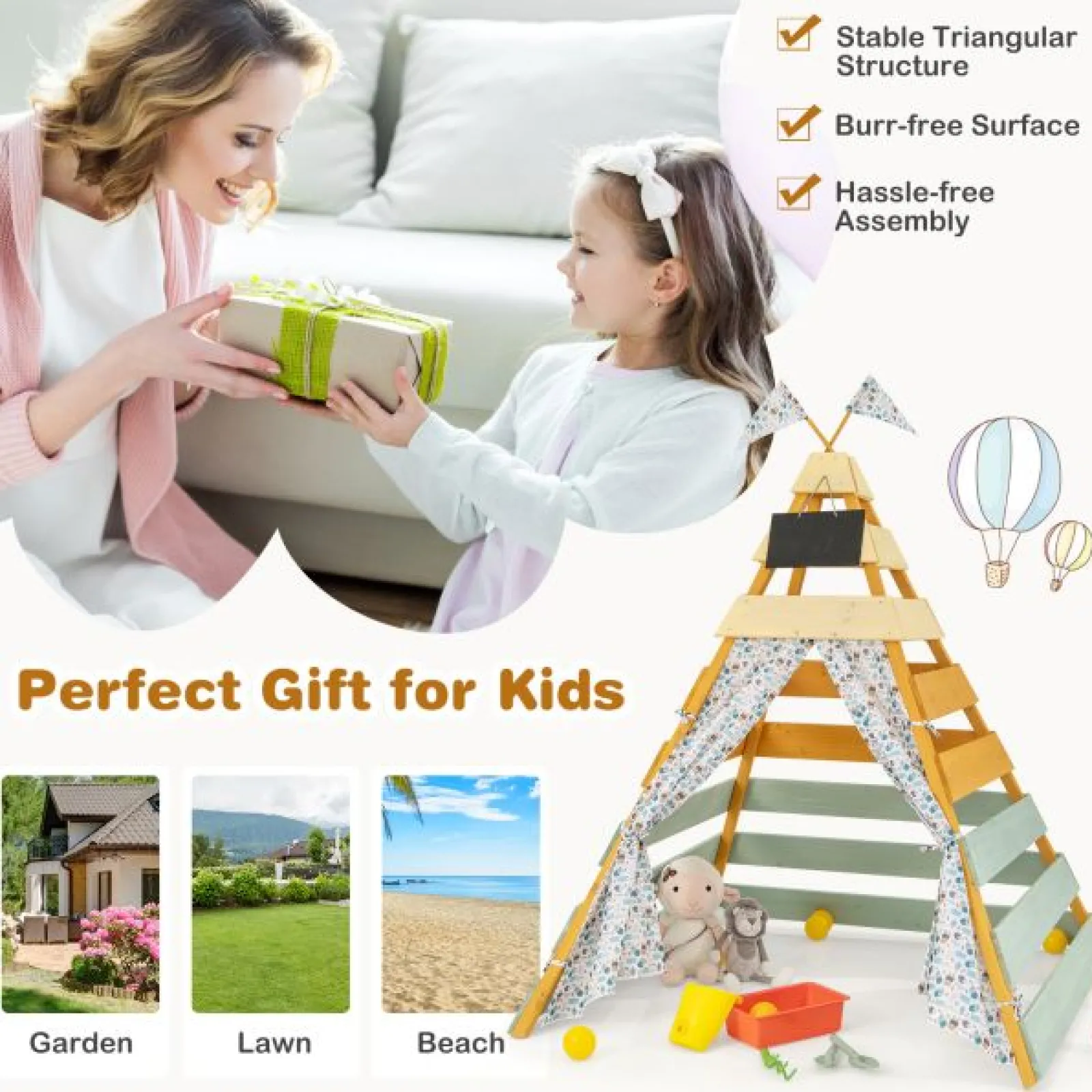 Little Helper Role Play Toys & Pretend Play | Playhouses, Teepees & Dens | Kids Eco Conscious Natural Wooden Montessori Teepee | Playhouse or Den with Curtains | 1.7m High