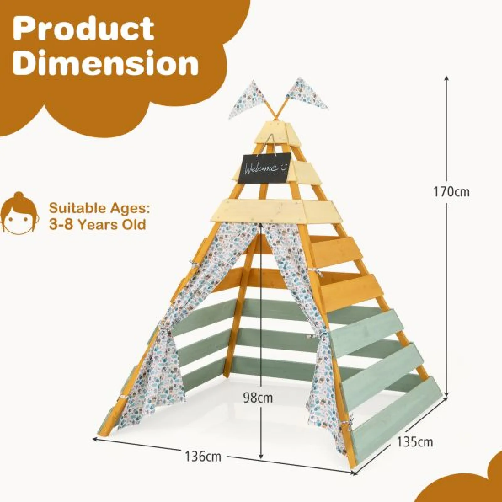 Little Helper Role Play Toys & Pretend Play | Playhouses, Teepees & Dens | Kids Eco Conscious Natural Wooden Montessori Teepee | Playhouse or Den with Curtains | 1.7m High