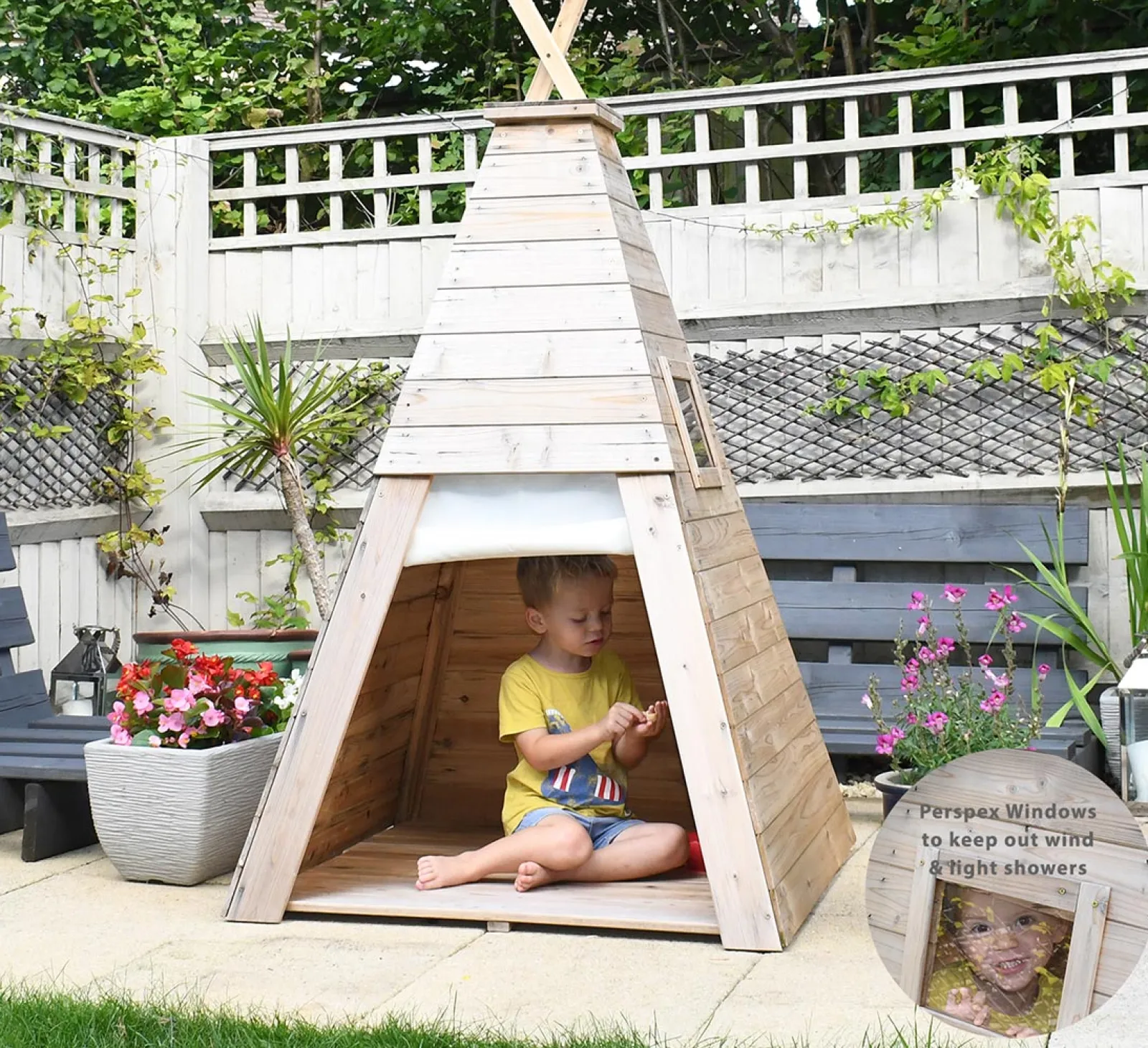 Little Helper Role Play Toys & Pretend Play | Montessori Toys & Products | Kids Eco Conscious Strong & Sturdy Montessori Teepee | Wooden Playhouse or Den with Door & Windows | 1.55m High