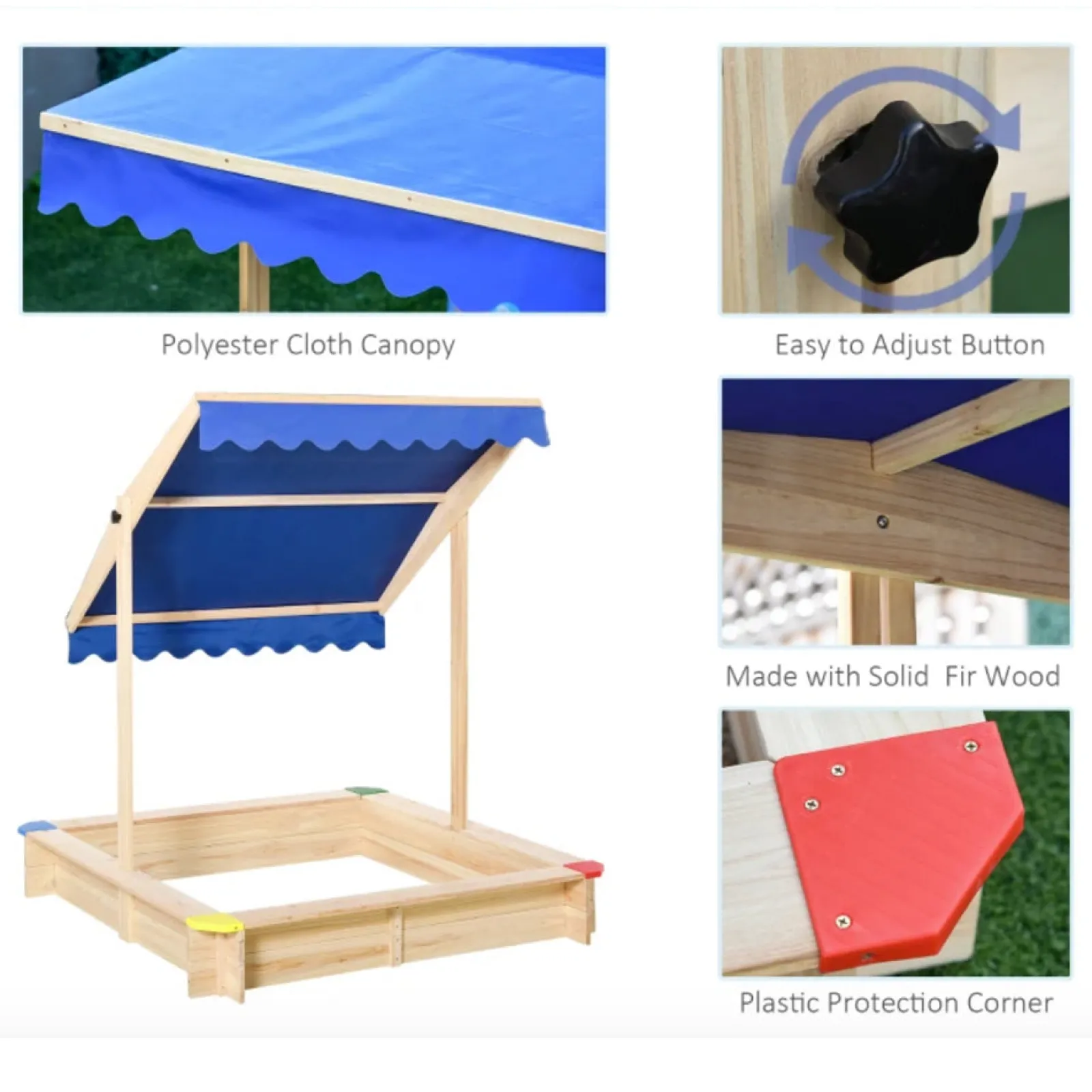 Little Helper Sand & Water Table & Sandpits & Mud Kitchens | Kids Eco Solid Fir Wood Sandpit with UV & Waterproof Adjustable Canopy | Blue | 1.2m Square