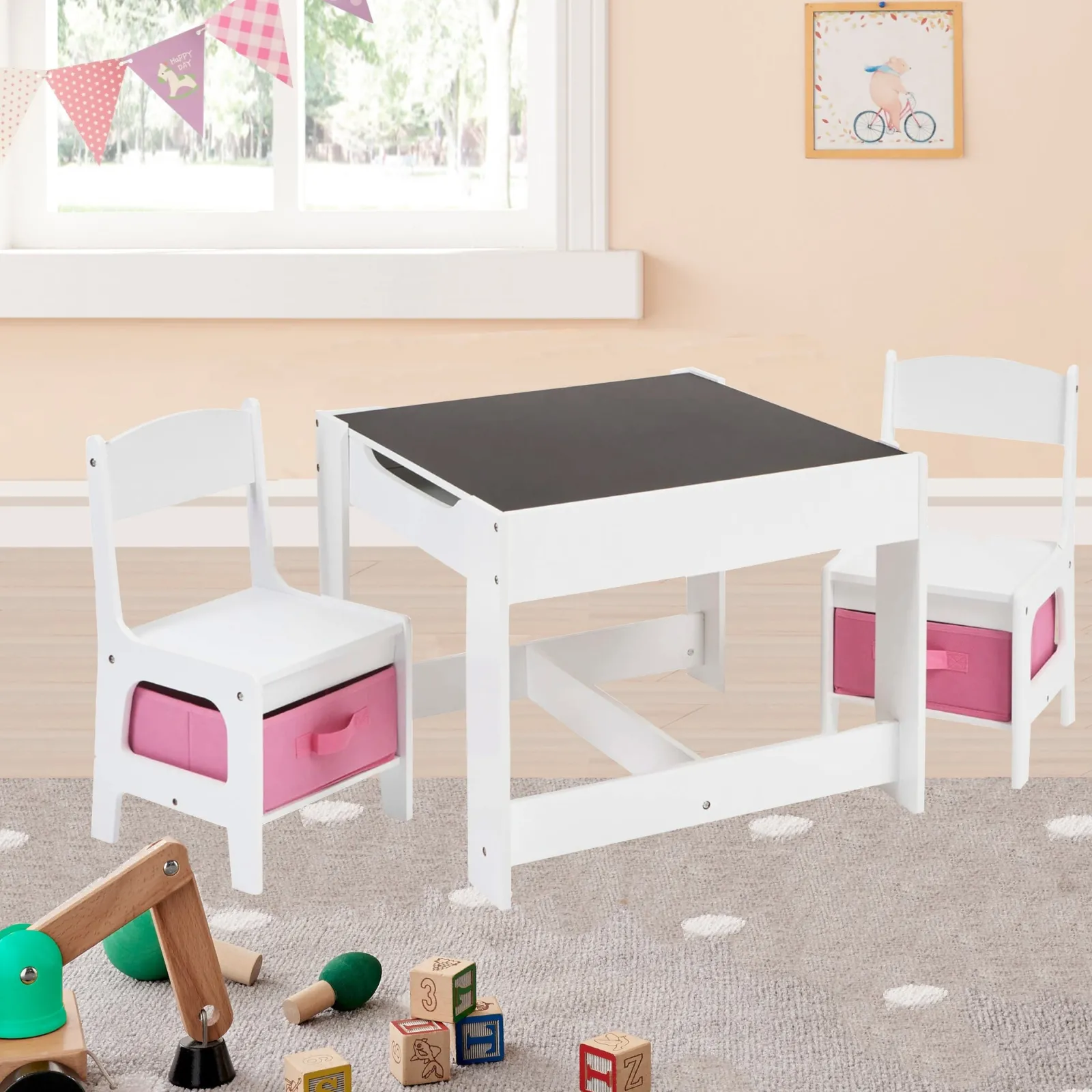 Little Helper Montessori Toys & Products | Table & Chairs (wooden) | Kids 4-in-1 Montessori Table & Chairs | Reversible Top | Blackboard | Pink Storage Drawers