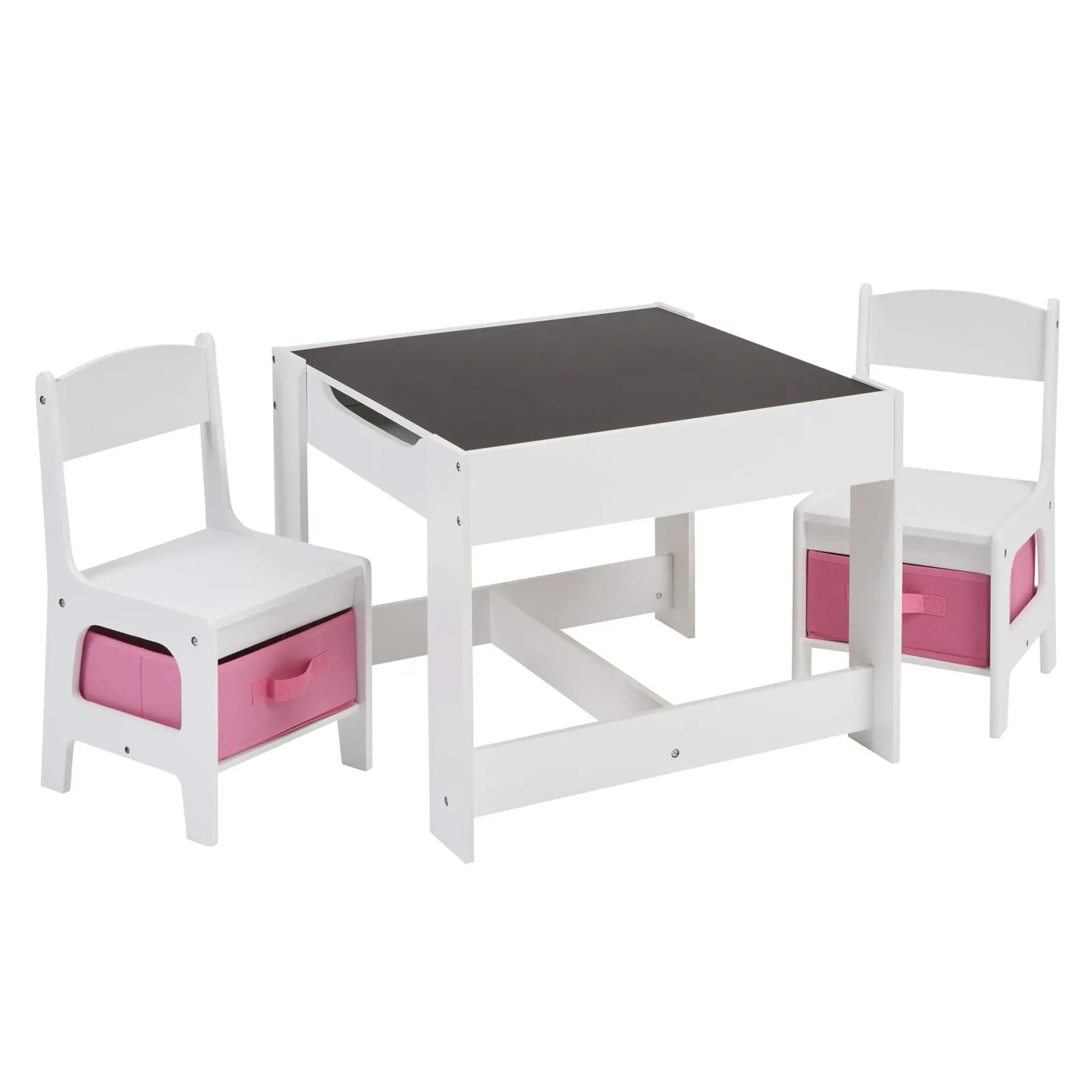 Little Helper Montessori Toys & Products | Table & Chairs (wooden) | Kids 4-in-1 Montessori Table & Chairs | Reversible Top | Blackboard | Pink Storage Drawers