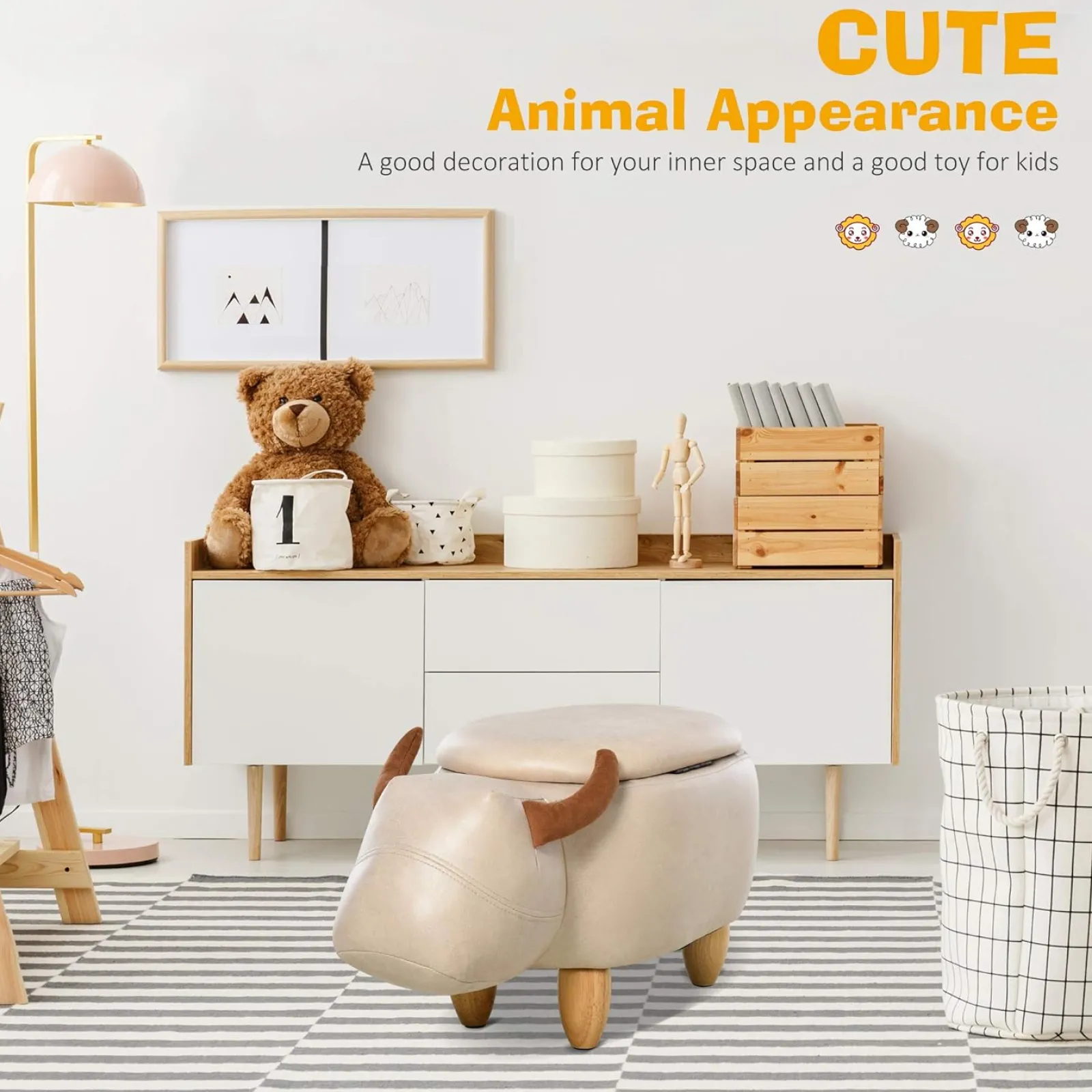 Little Helper Chairs & Stools | Toy Box & Blanket Box | Kids 4-in-1 Stool, Storage Box, Footrest & Seat | Toy Box | Cute Bison Animal Design