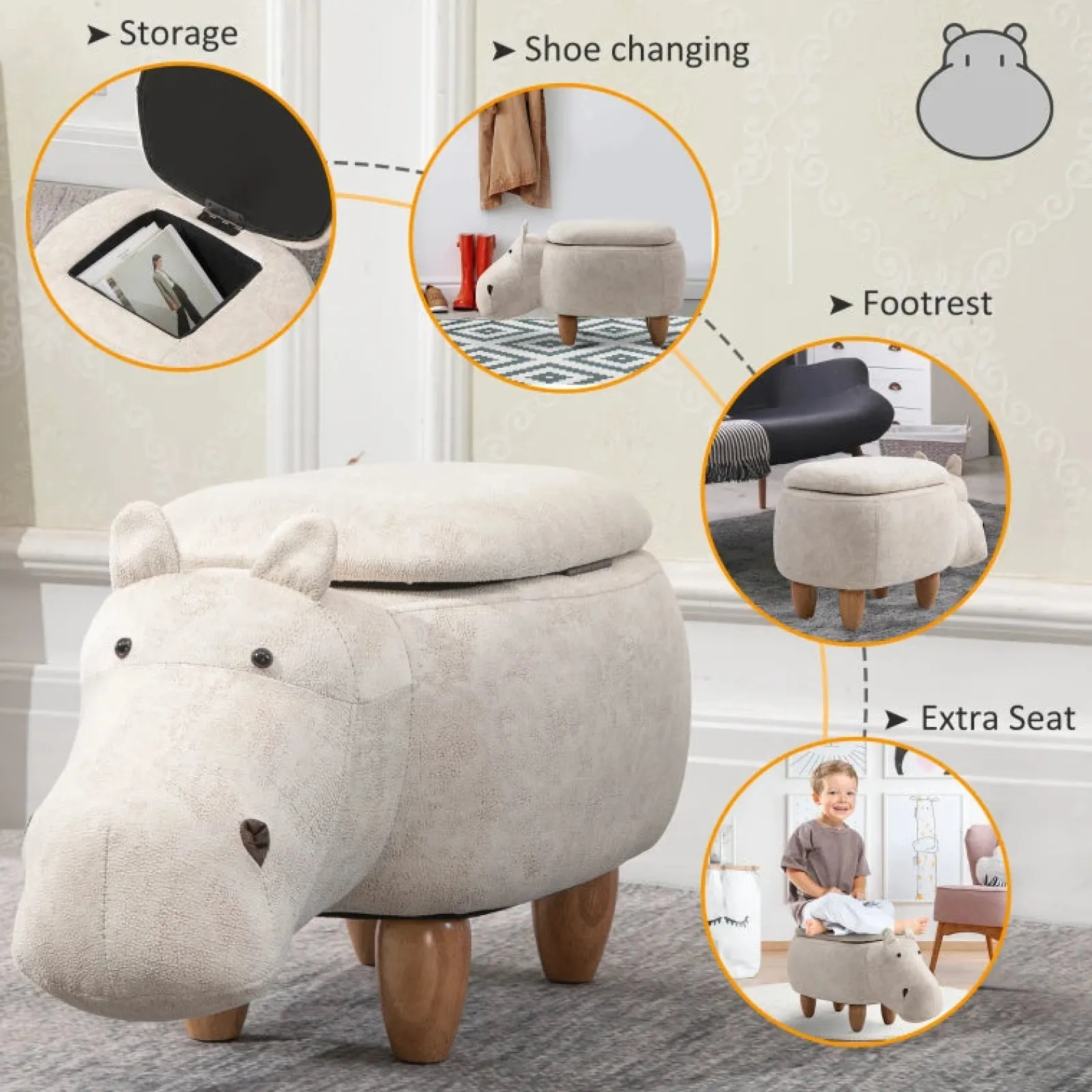 Little Helper Chairs & Stools | Toy Box & Blanket Box | Kids 4-in-1 Stool, Storage Box, Footrest & Seat | Toy Box | Super Cute Hippo Design