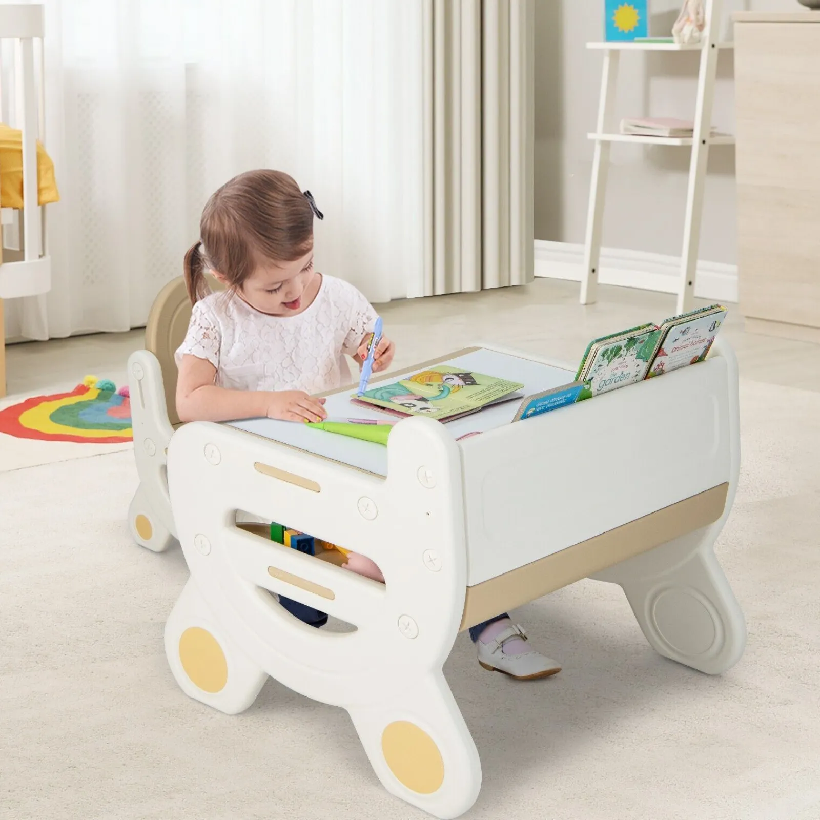 Little Helper Toy Storage Units | Toy Storage Units | Kids 2-in-1 Table & Chair Set with Whiteboard Top & Storage | Toddler Activity Table | Eraser | Dry-Wipe Pens