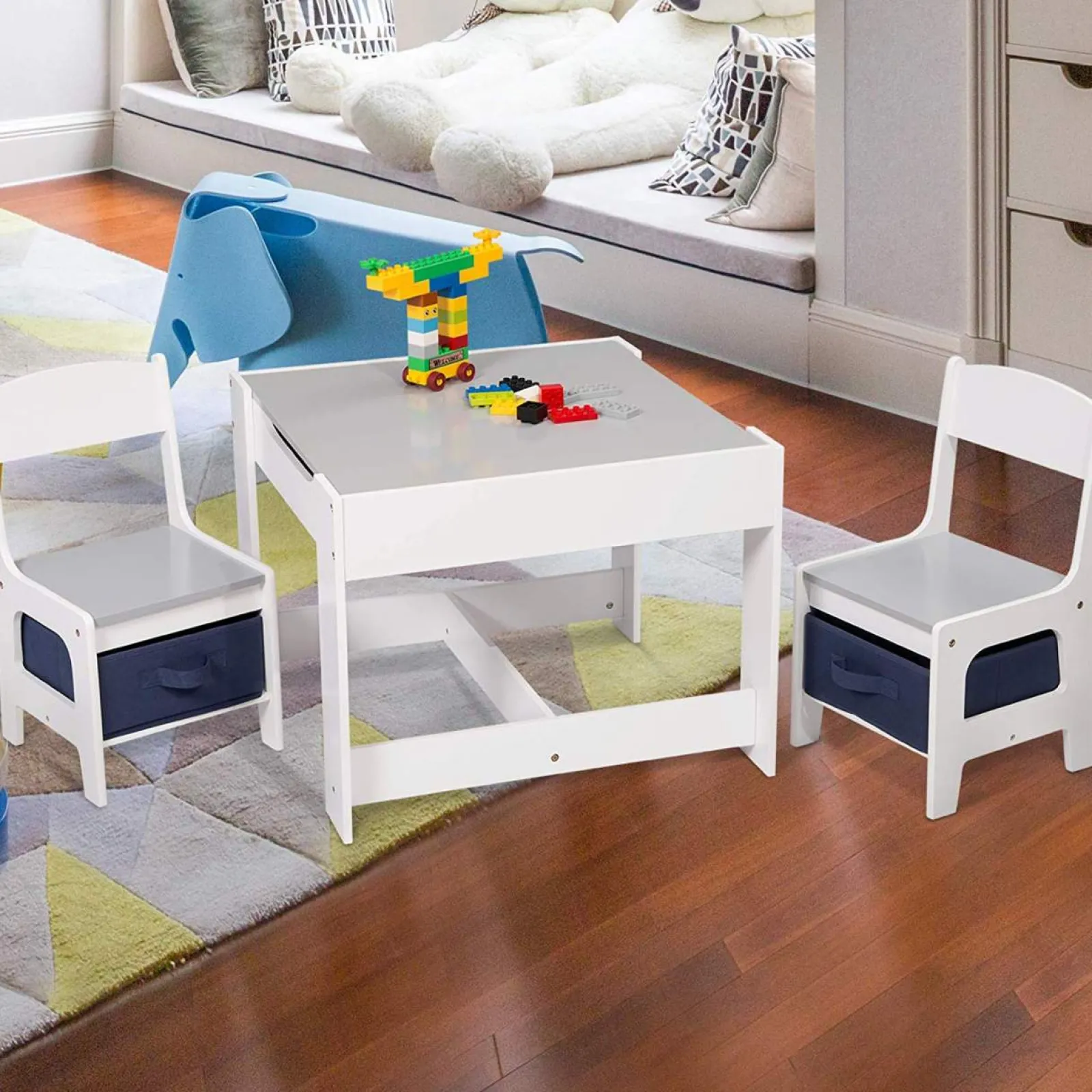 Little Helper Table & Chairs (wooden) | Kids 3-in-1 Table & Chairs | Reversible Top | Blackboard | Navy Blue Storage Drawers