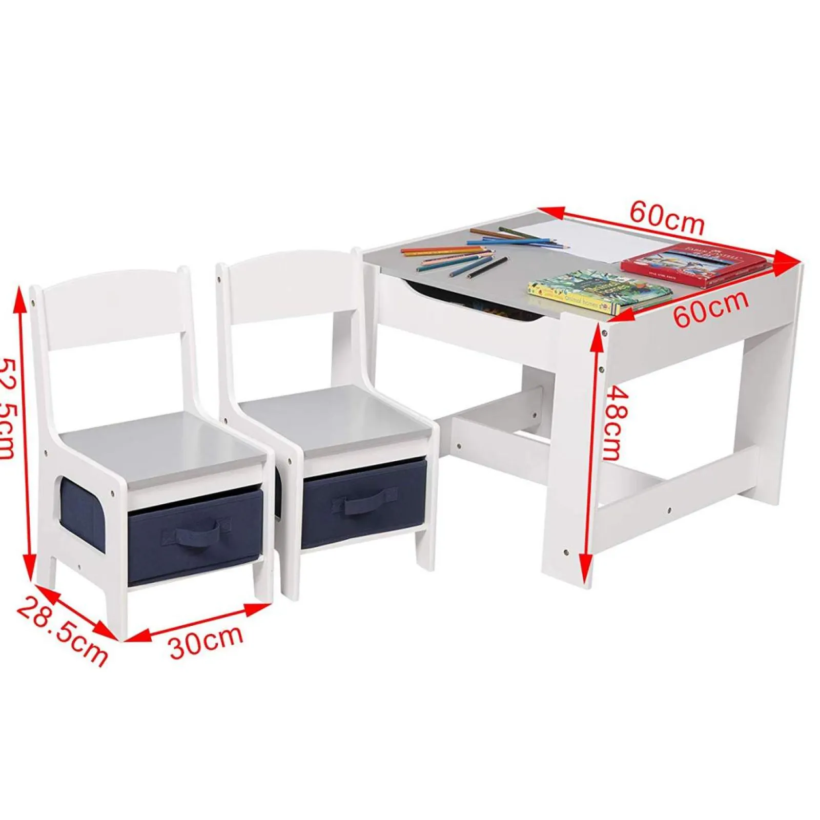 Little Helper Table & Chairs (wooden) | Kids 3-in-1 Table & Chairs | Reversible Top | Blackboard | Navy Blue Storage Drawers