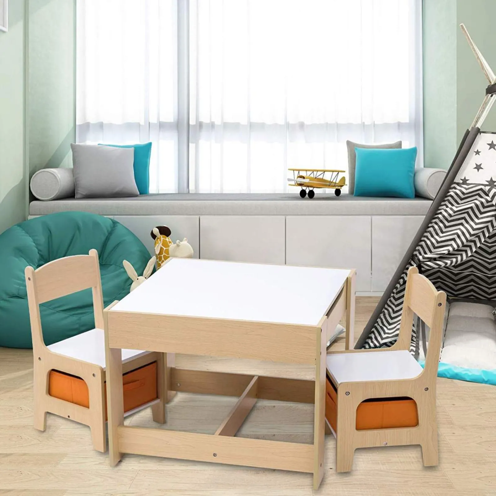 Little Helper Table & Chairs (wooden) | Kids 3-in-1 Table & Chairs | Reversible Top | Blackboard | Orange Storage Drawers