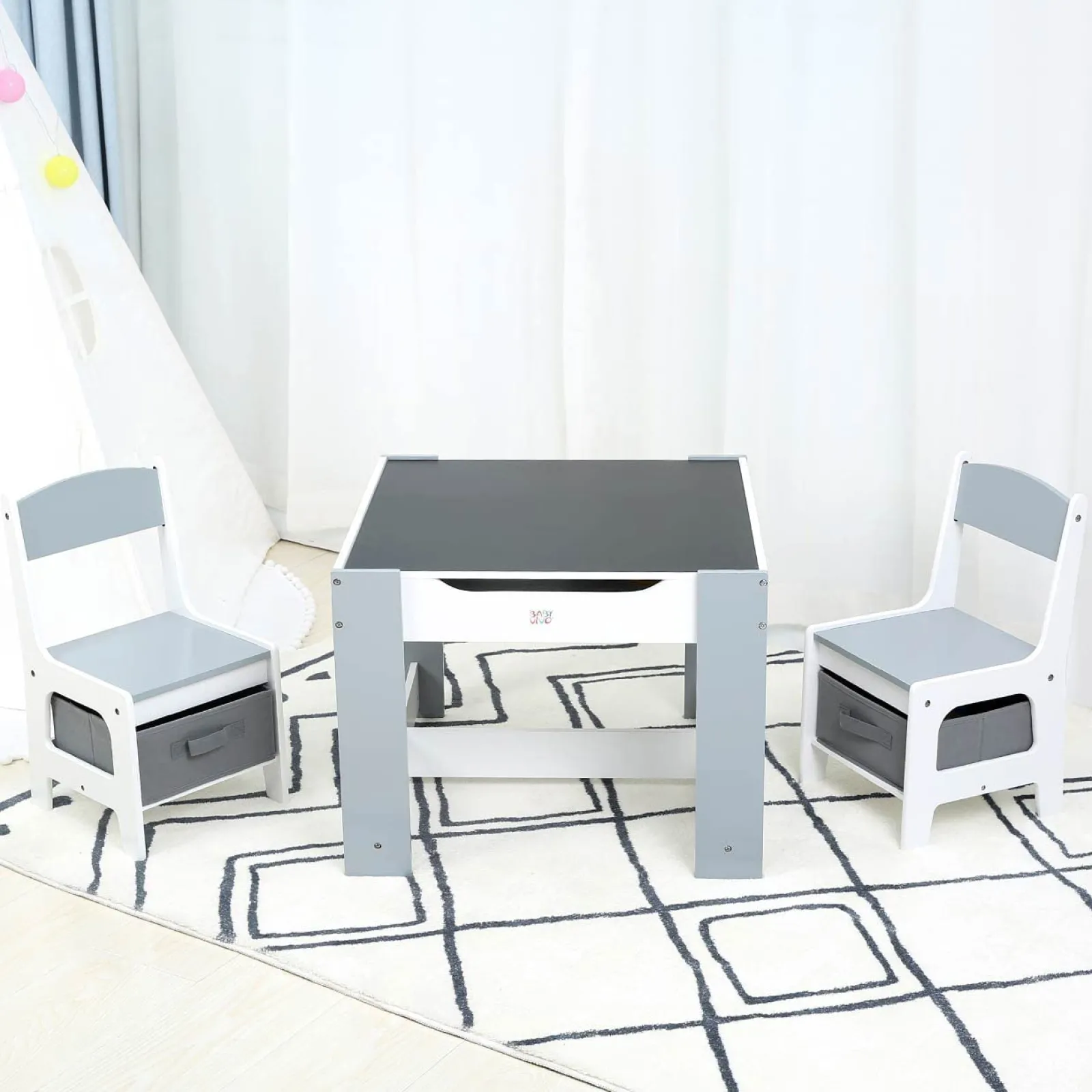 Little Helper Table & Chairs (wooden) | Kids 3-in-1 Table & Chairs | Reversible Top | Blackboard | Whiteboard Grey with Storage Drawers