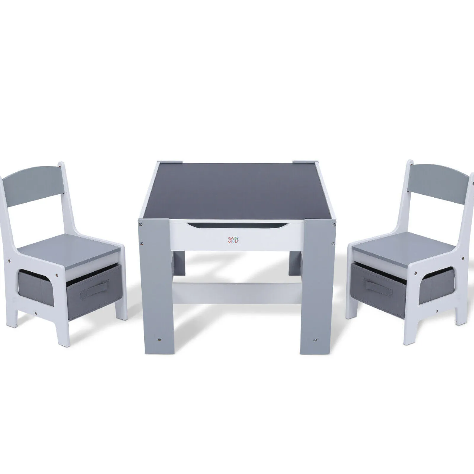 Little Helper Table & Chairs (wooden) | Kids 3-in-1 Table & Chairs | Reversible Top | Blackboard | Whiteboard Grey with Storage Drawers