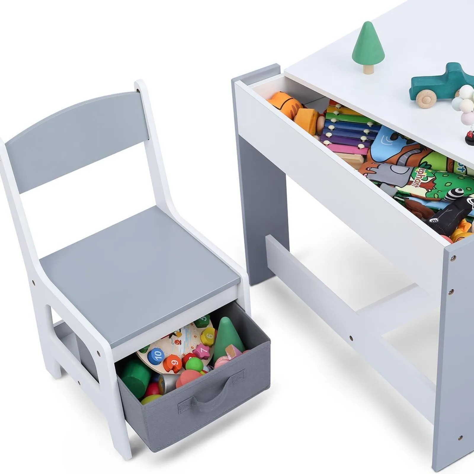 Little Helper Table & Chairs (wooden) | Kids 3-in-1 Table & Chairs | Reversible Top | Blackboard | Whiteboard Grey with Storage Drawers