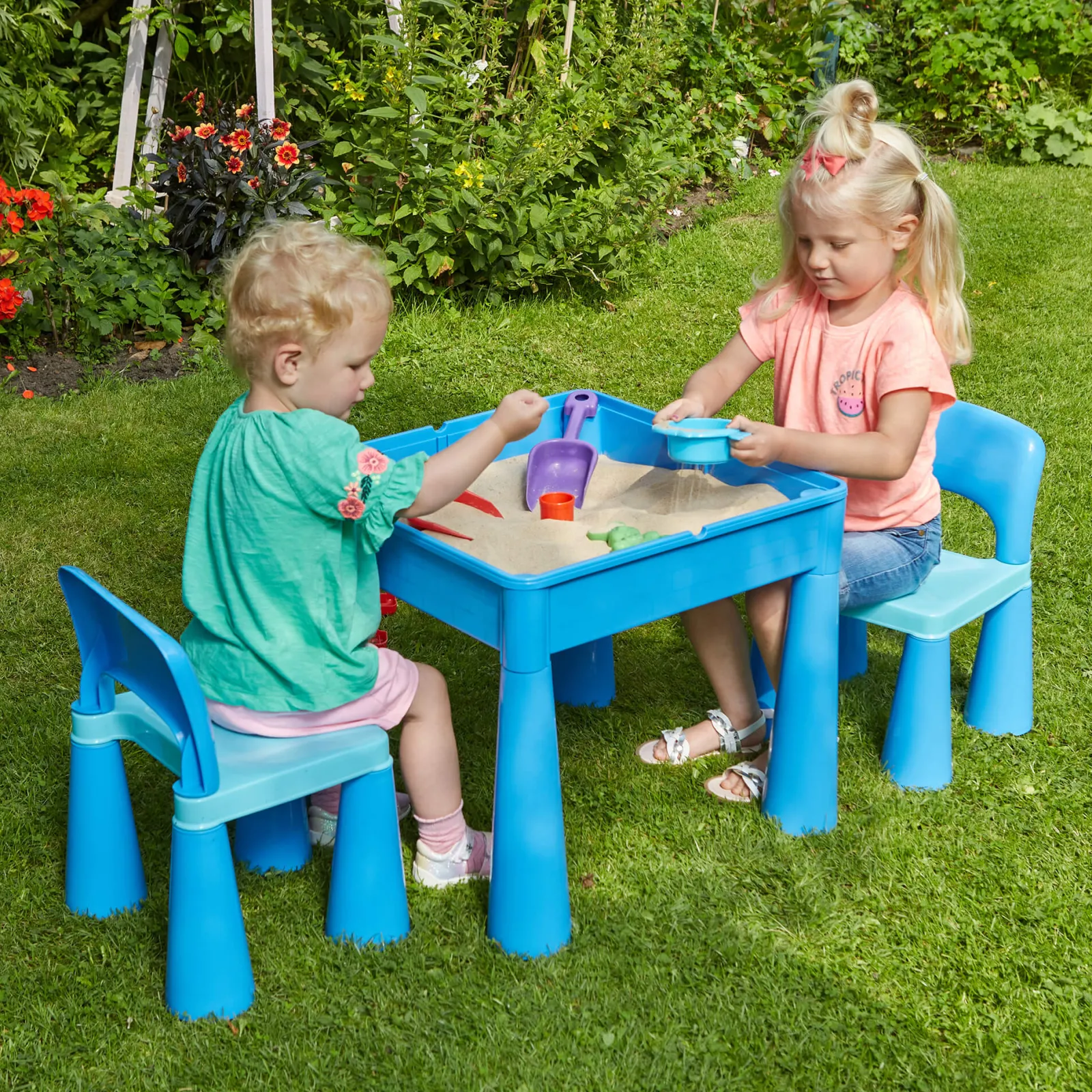 Little Helper Sand & Water Table & Sandpits & Mud Kitchens | Table & Chairs (plastic) | Kid's Indoor | Outdoor 4-in-1 Plastic Table & 2 Chairs Set | Lego Board | Sand & Water Pit | Blues