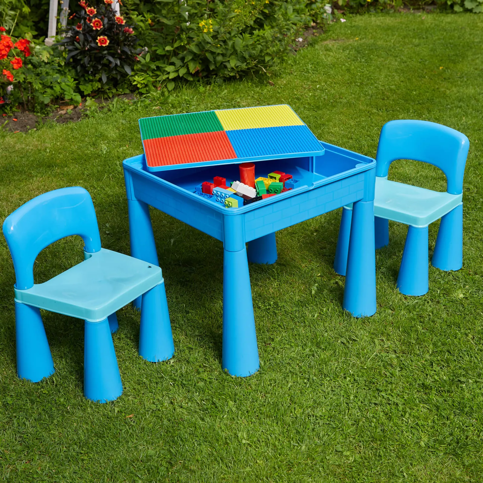 Little Helper Sand & Water Table & Sandpits & Mud Kitchens | Table & Chairs (plastic) | Kid's Indoor | Outdoor 4-in-1 Plastic Table & 2 Chairs Set | Lego Board | Sand & Water Pit | Blues