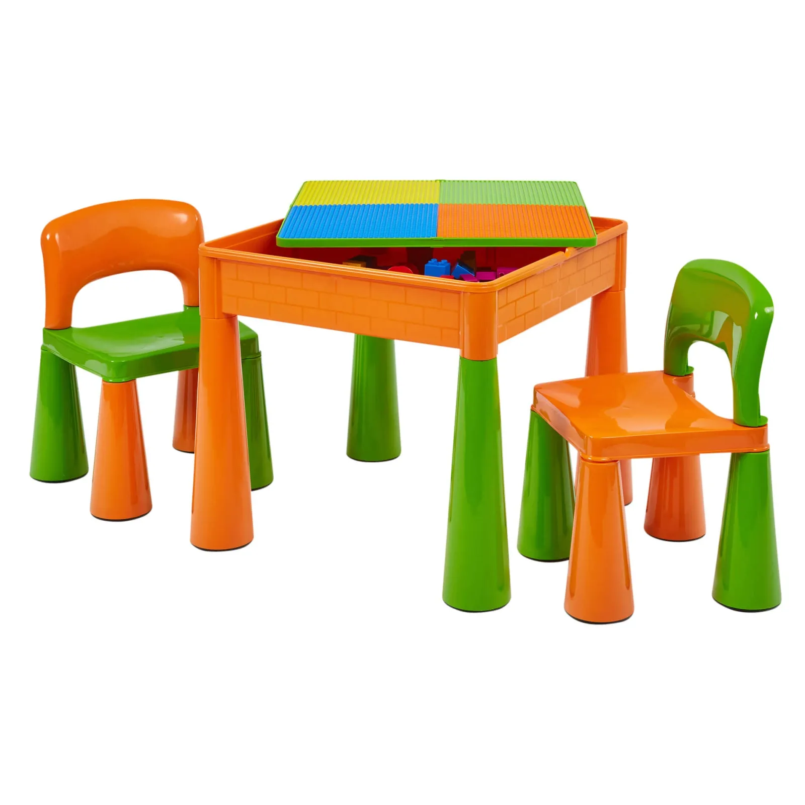 Little Helper Sand & Water Table & Sandpits & Mud Kitchens | Table & Chairs (plastic) | Kid's Indoor | Outdoor Multipurpose Plastic Table & 2 Chairs Set | Lego Board | Sand & Water Pit | Orange & Green