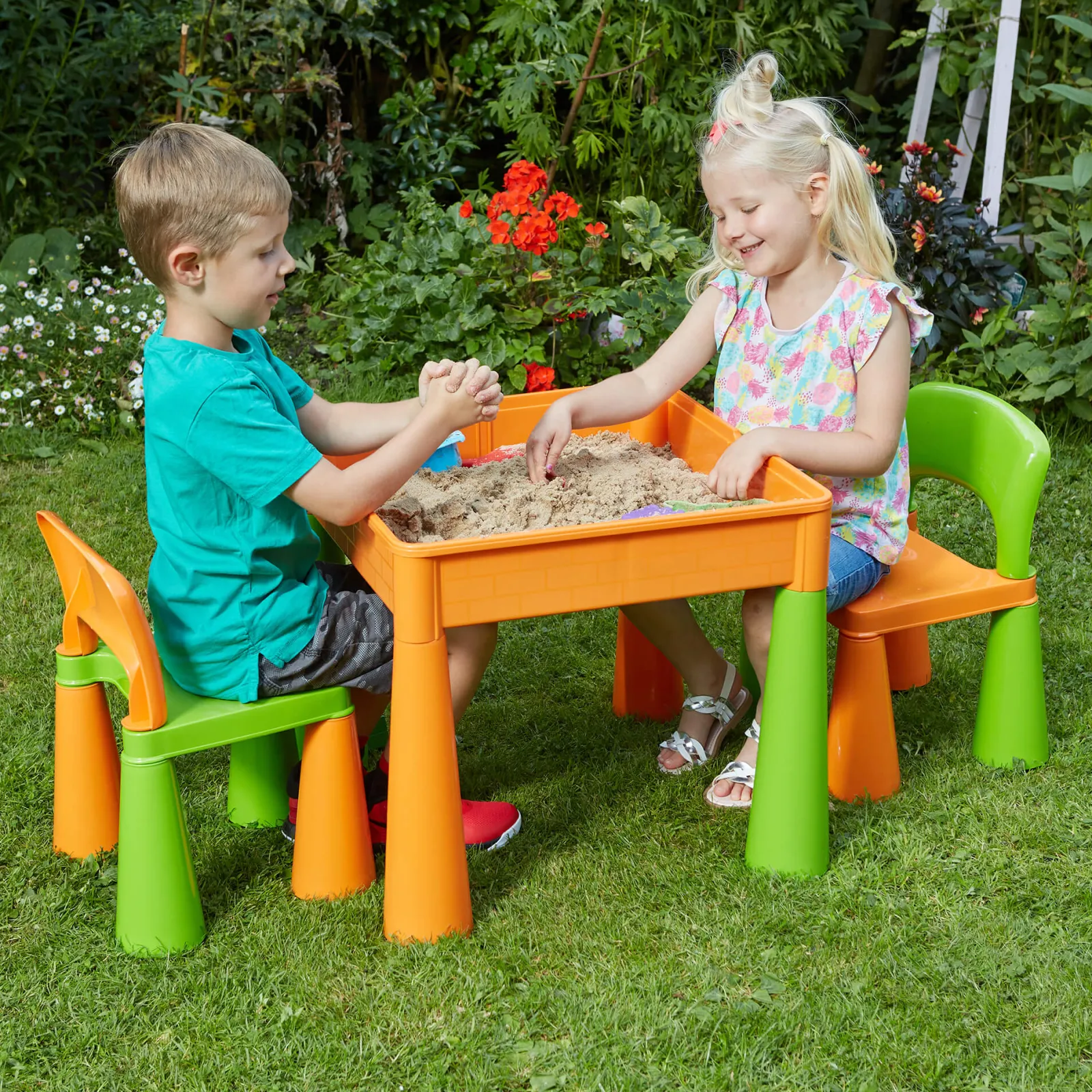Little Helper Sand & Water Table & Sandpits & Mud Kitchens | Table & Chairs (plastic) | Kid's Indoor | Outdoor Multipurpose Plastic Table & 2 Chairs Set | Lego Board | Sand & Water Pit | Orange & Green