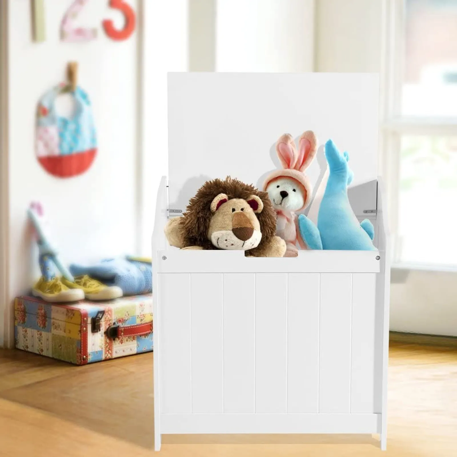 Little Helper Toy Storage Units | Toy Storage Units | Kids Large Wooden Toy Box with Slow Release Hinge | Ottoman | Blanket Box | White
