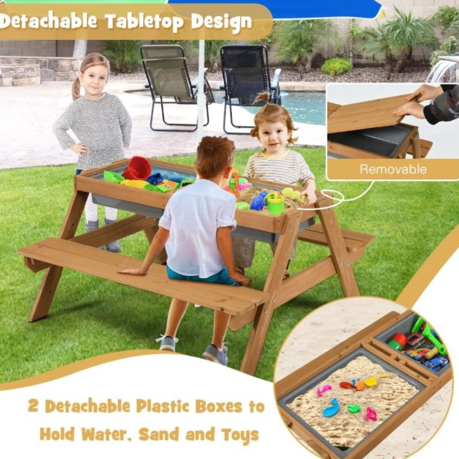 Little Helper Sand & Water Table & Sandpits & Mud Kitchens | Montessori Toys & Products | Kids Montessori Eco Fir Wooden Sandpit | Water Play | Picnic Bench | 3-10 Years