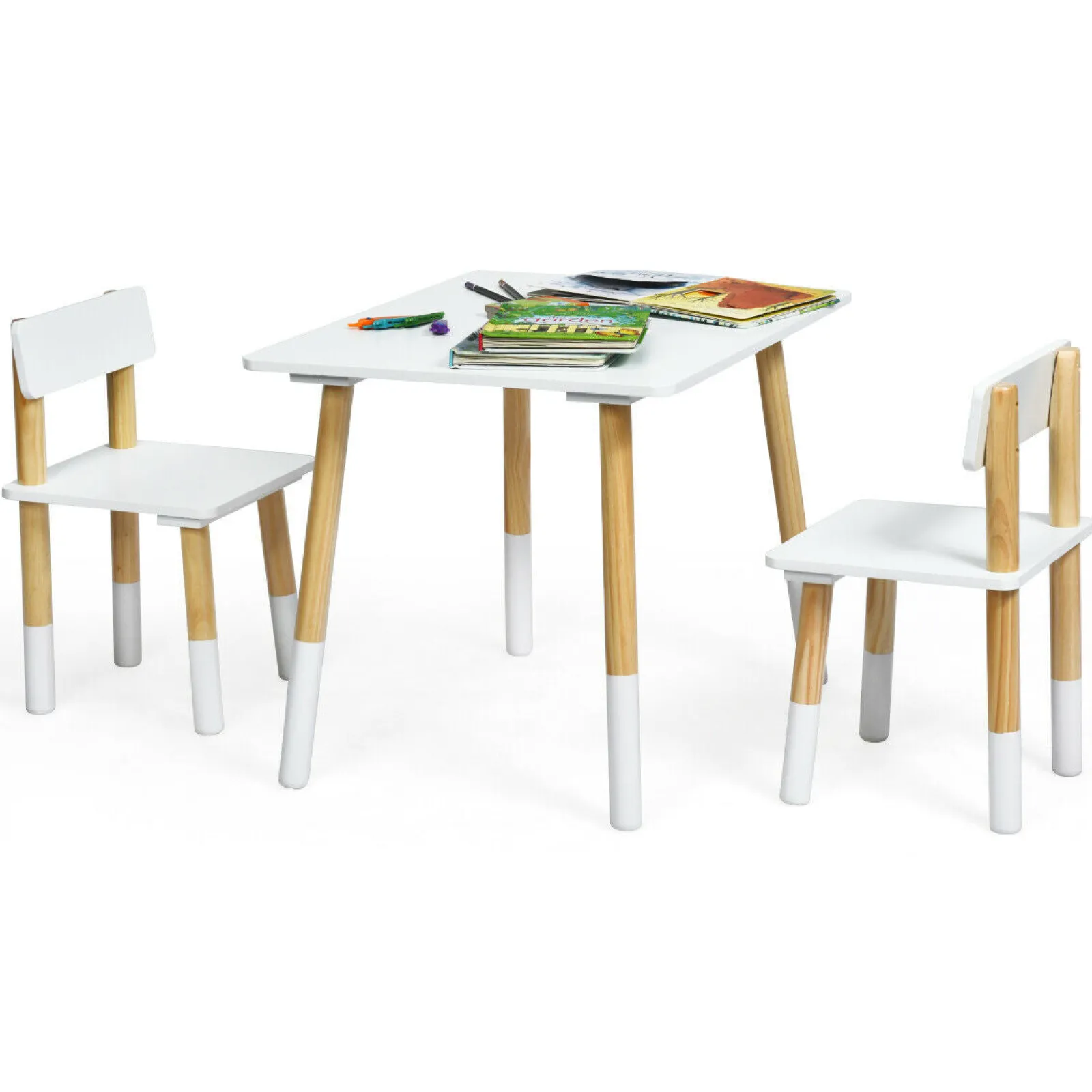 Little Helper Montessori Toys & Products | Table & Chairs (wooden) | Kids Montessori Eco Pine Wood Table and 2 Ergonomic Chairs | White & Pine | 3 Years+