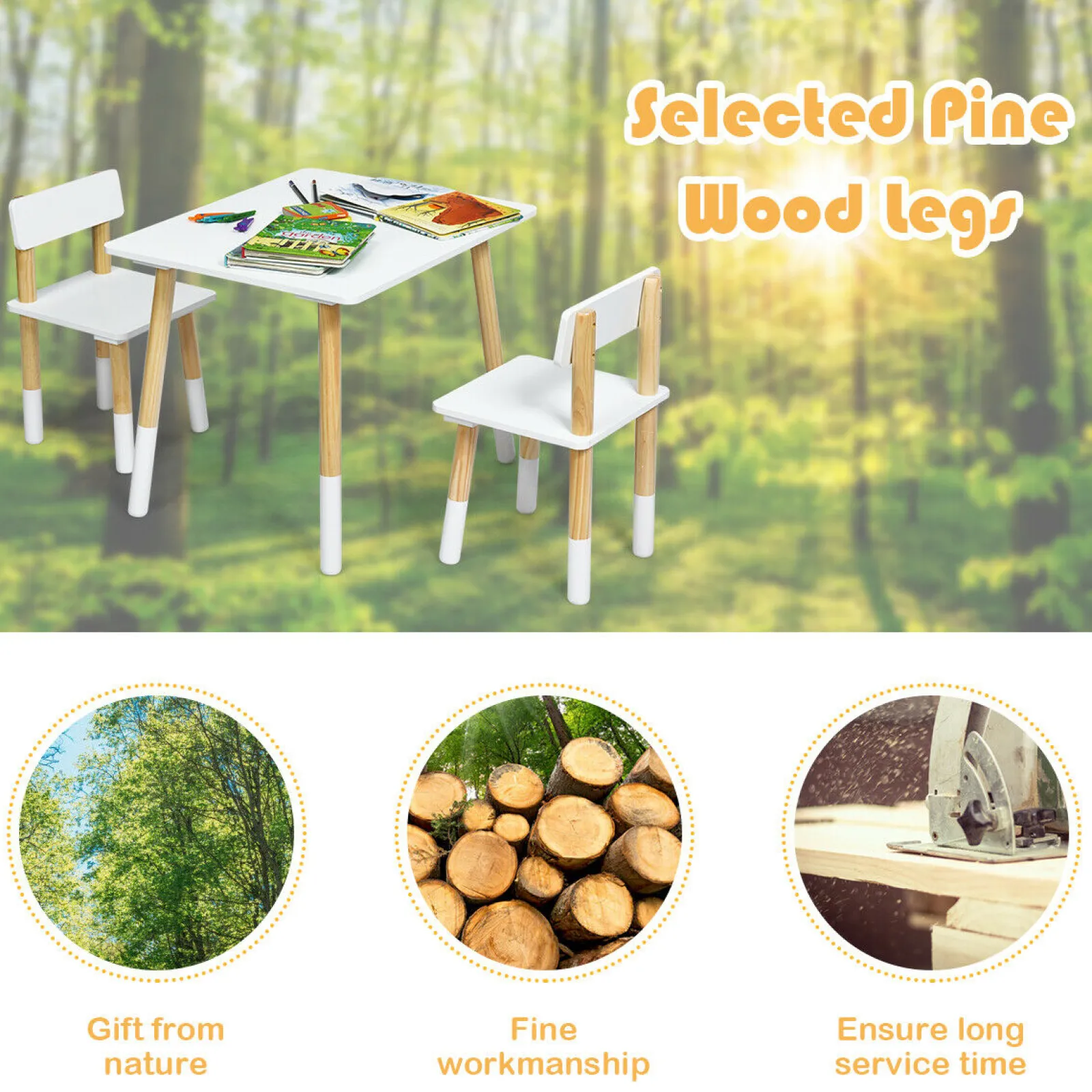 Little Helper Montessori Toys & Products | Table & Chairs (wooden) | Kids Montessori Eco Pine Wood Table and 2 Ergonomic Chairs | White & Pine | 3 Years+