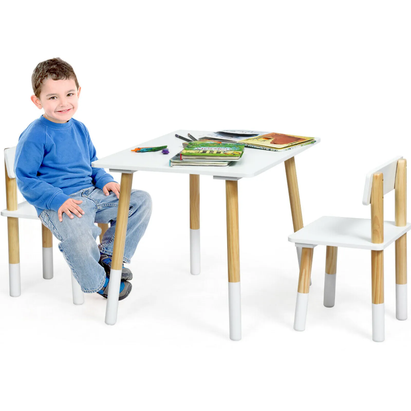 Little Helper Montessori Toys & Products | Table & Chairs (wooden) | Kids Montessori Eco Pine Wood Table and 2 Ergonomic Chairs | White & Pine | 3 Years+