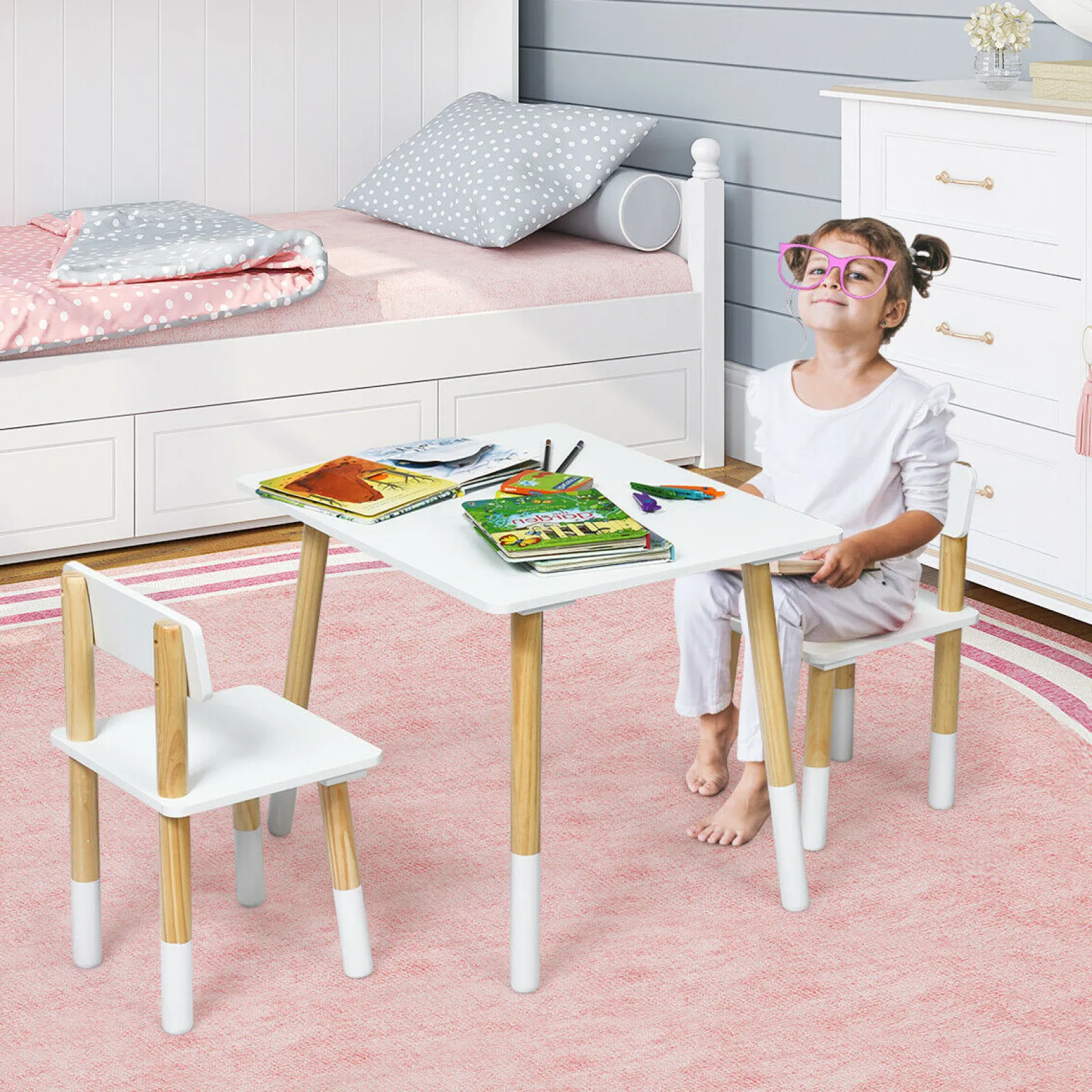 Little Helper Montessori Toys & Products | Table & Chairs (wooden) | Kids Montessori Eco Pine Wood Table and 2 Ergonomic Chairs | White & Pine | 3 Years+