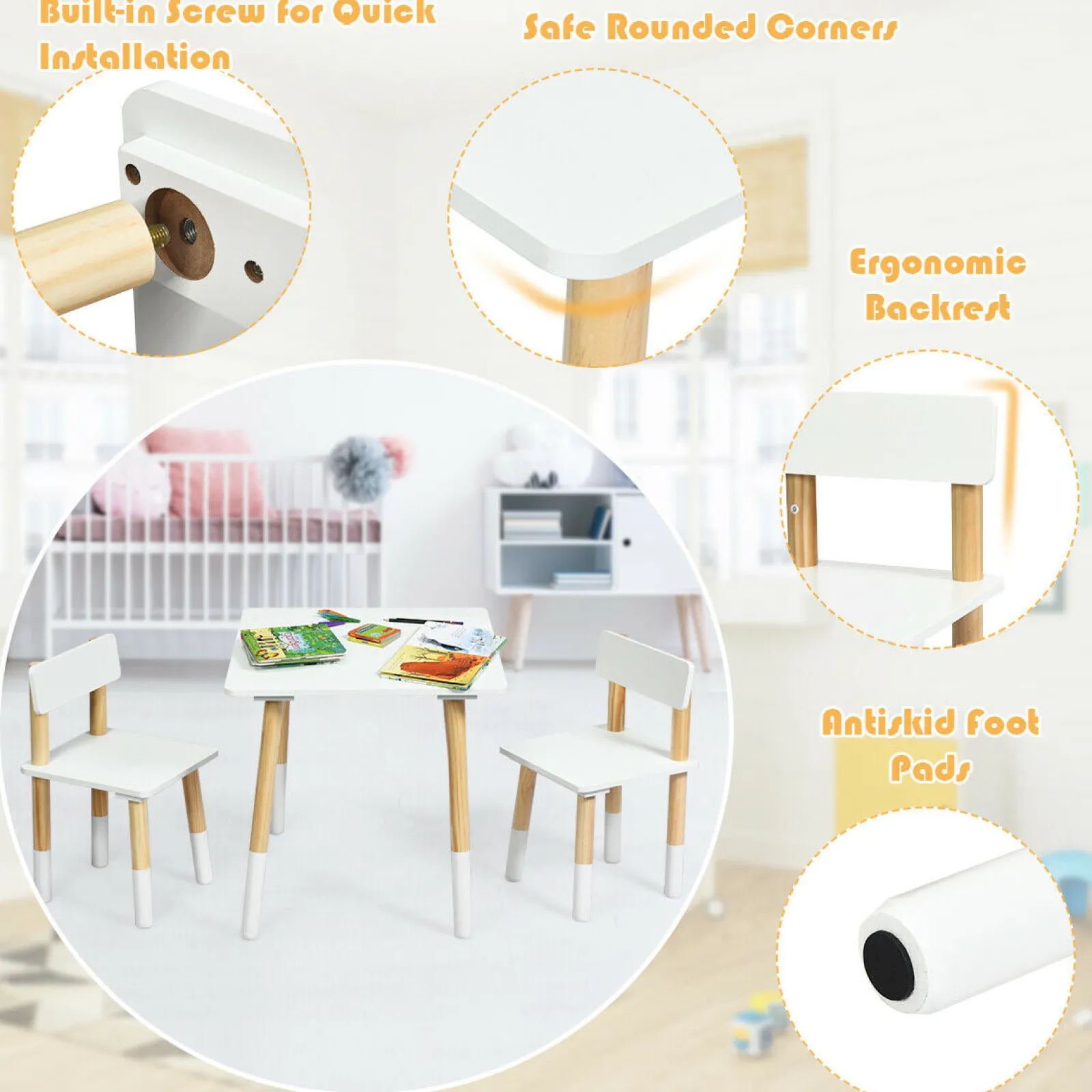 Little Helper Montessori Toys & Products | Table & Chairs (wooden) | Kids Montessori Eco Pine Wood Table and 2 Ergonomic Chairs | White & Pine | 3 Years+