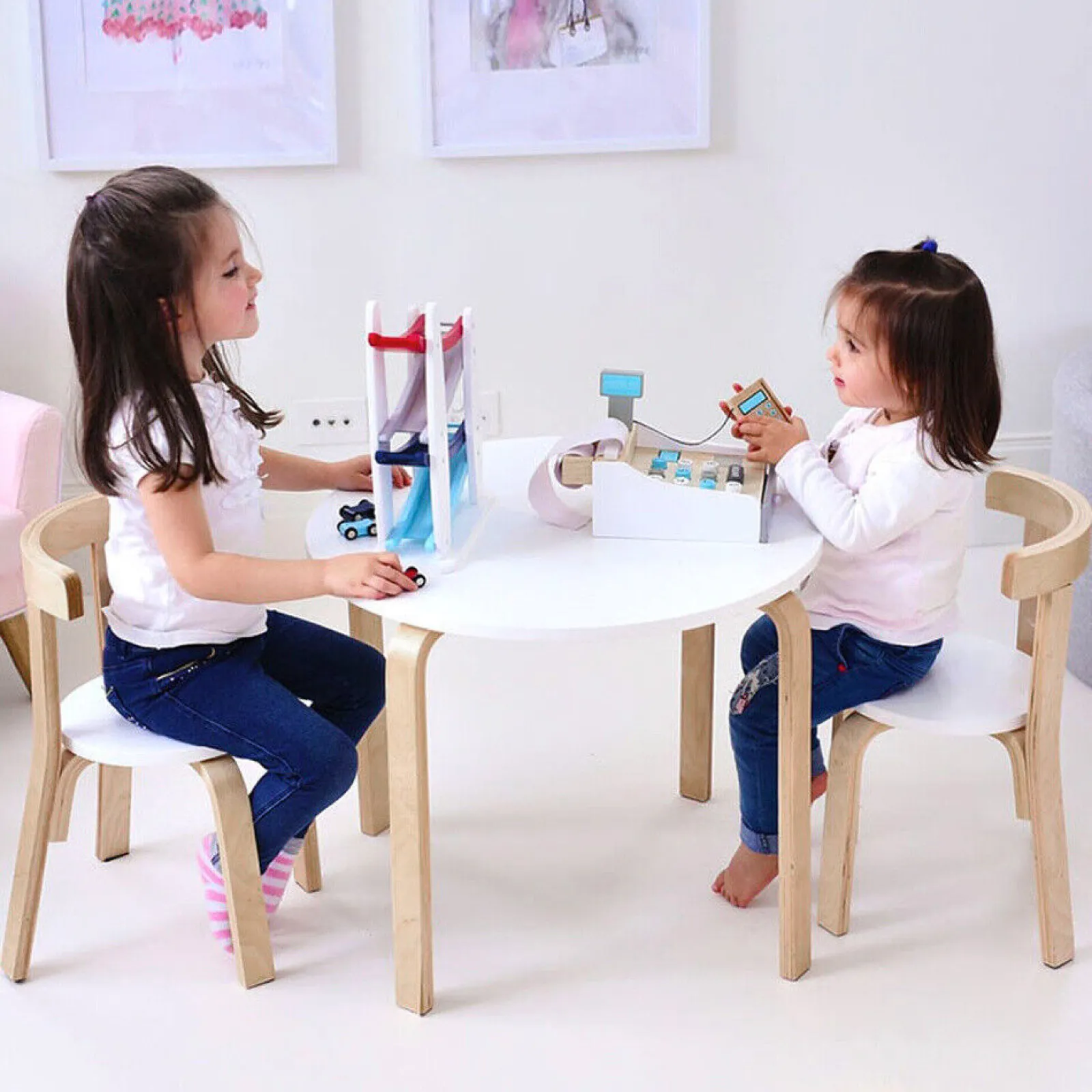 Little Helper Montessori Toys & Products | Table & Chairs (wooden) | Kids Montessori Eco Poplar Wood & Birch Table | 2 Ergonomic Chairs | White & Natural | 2-10 Years+