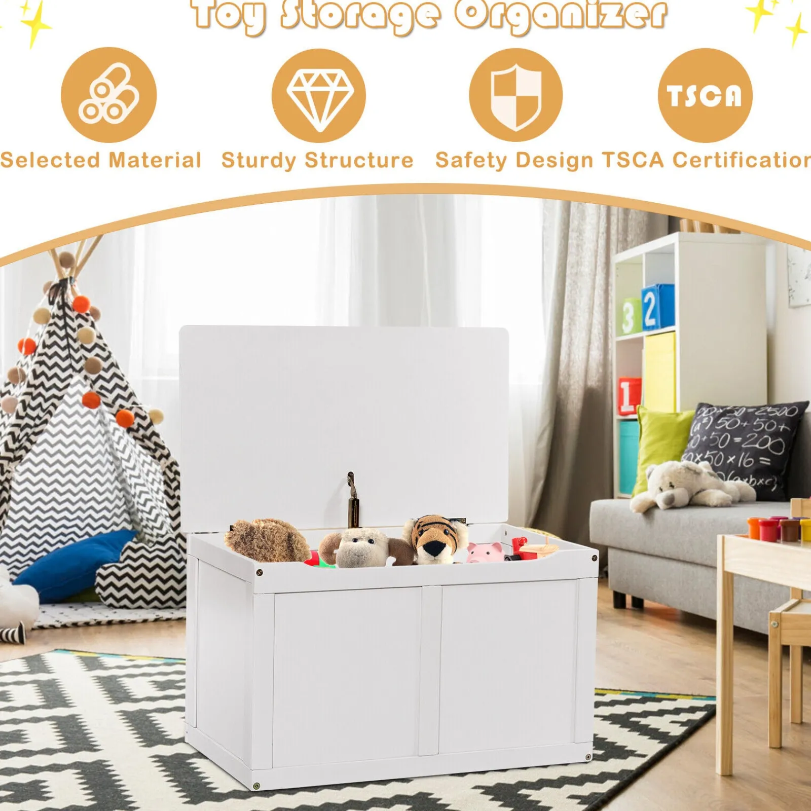 Little Helper Toy Box & Blanket Box | Toy Box & Blanket Box | Kids Montessori Eco Wooden Toy Box with Slow-Release Safety Hinge | White | 72cm